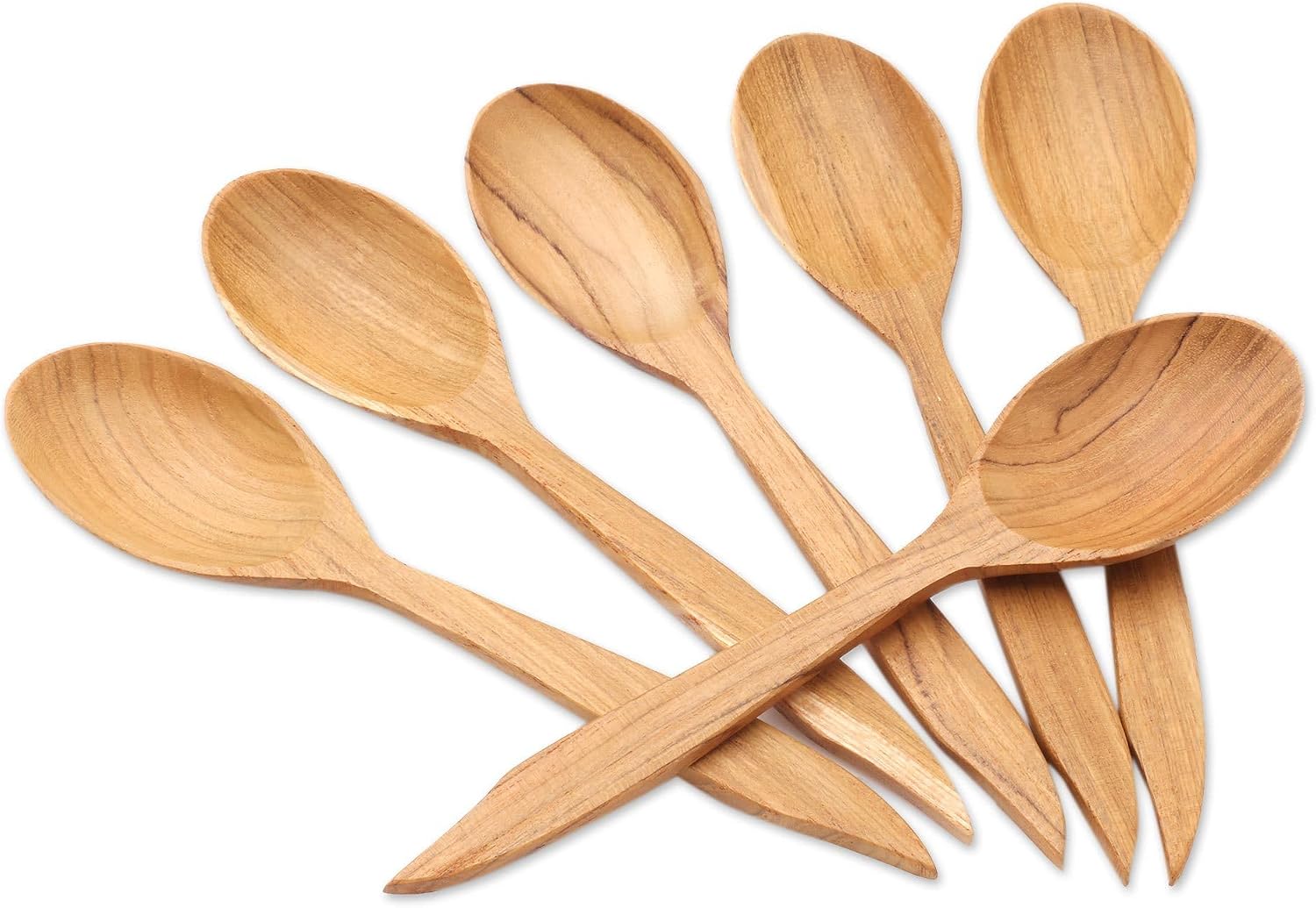 NOVICA Teak Wood Spoons with Pointed Ends from Bali Brown Indonesia Tableware Flatware Natural Materials [ 7in L x 1.6in W x 0.4in D] 'Fine Dinner'(Set of 6)