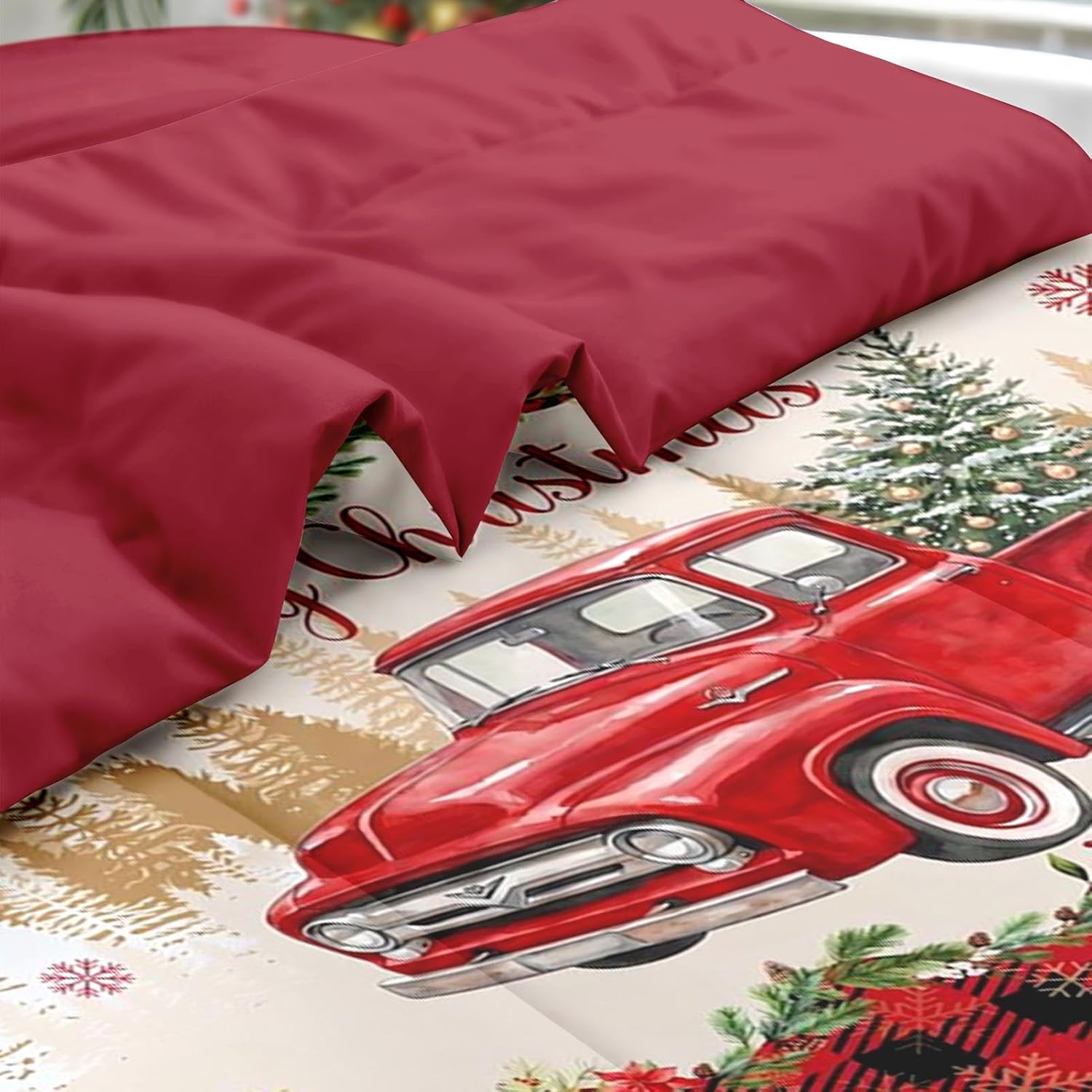 Pamnest King Christmas Comforter Set with Sheets, Red Truck Bedding