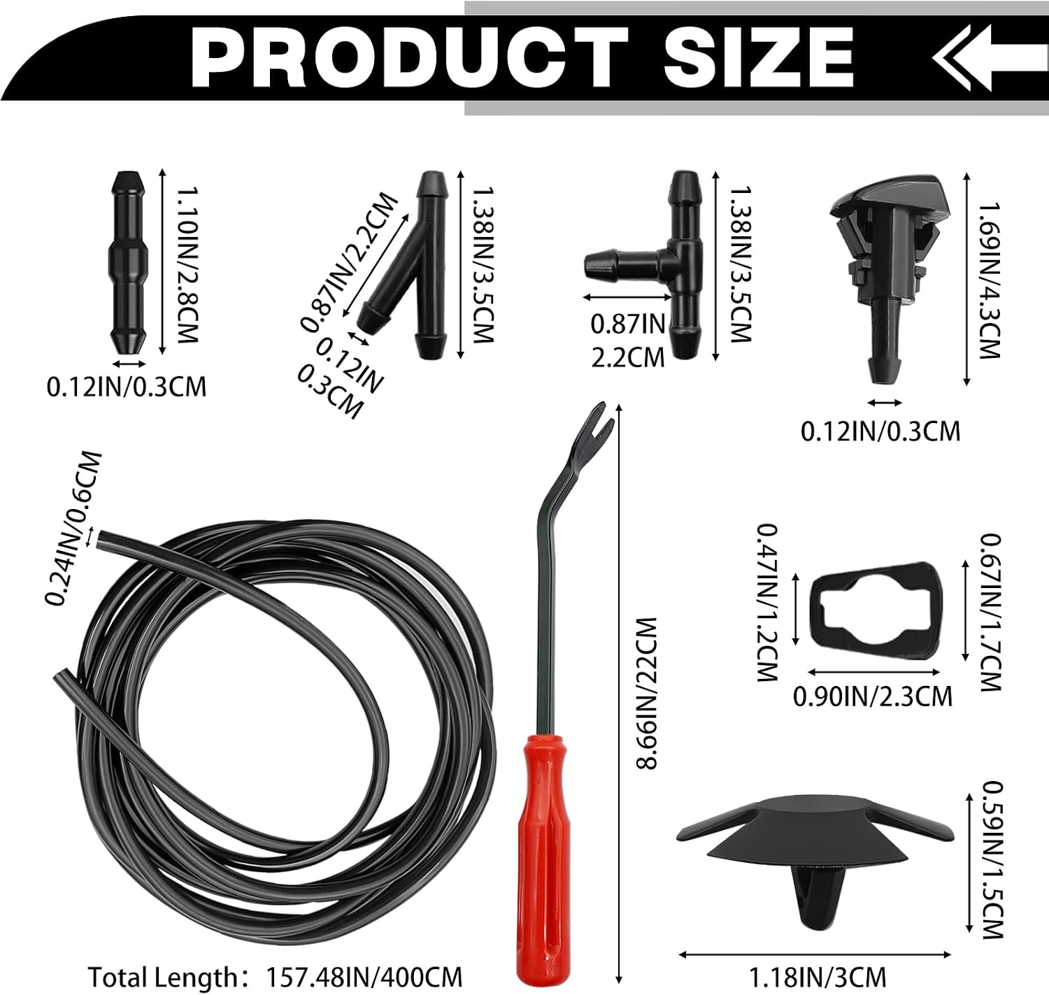 Automotive Universal 52Pcs Windshield Washer Nozzles Kit with 157 Inch Fluid Hose, 30 Hood Retainers 12 Connectors 4 Sprayer Nozzles Compatible with Jp D0dge Chrysler OE# 5116079AA 5113049AA