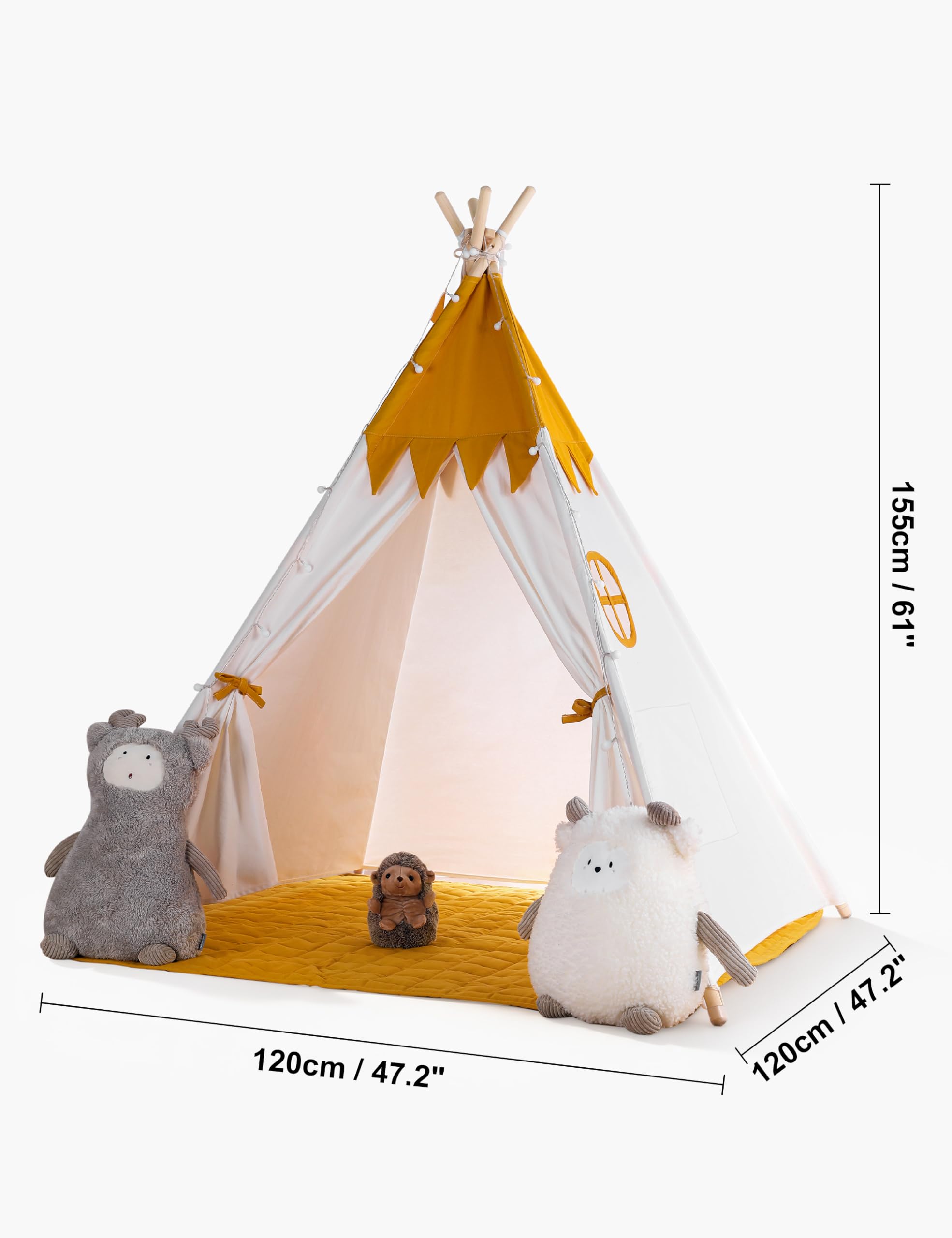 besrey Tipi Enfant avec Tapis Rembourré & Fixateur & Lumière, Pur Coton Naturel, Tente Enfant Interieur pour Garçon et Fille (Poussin Jaune)