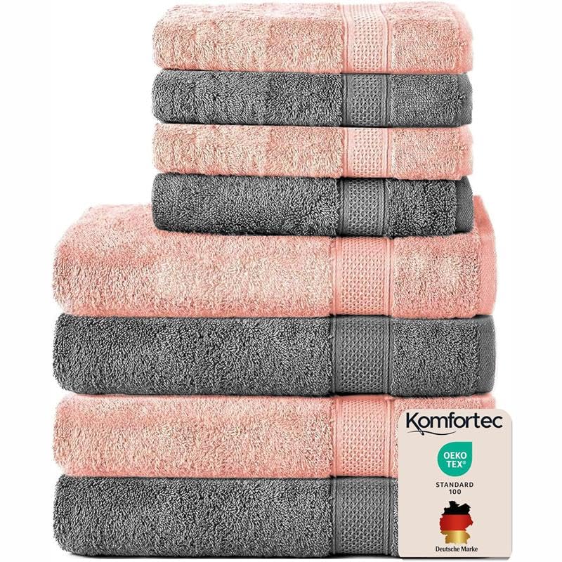 Komfortec 8er Handtücher Set, 4 Badetücher 70x140 cm & 4 Handtücher 50x100 cm, 100% Baumwolle Frottee, Flauschig und Saugstark,Dunkelgrau/Pink
