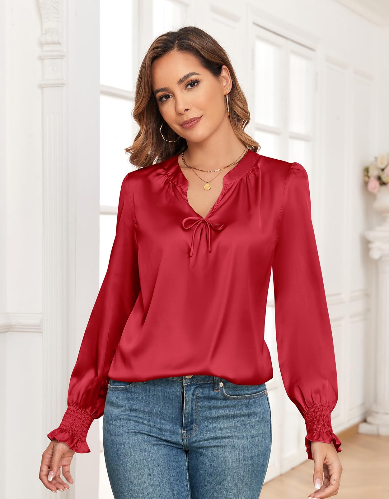 ZAFUL Womens Going Out Satin Tops 2025 Vintage Cute Bow V Neck Silky Blouse Y2K Puff Sleeve Work Shirts