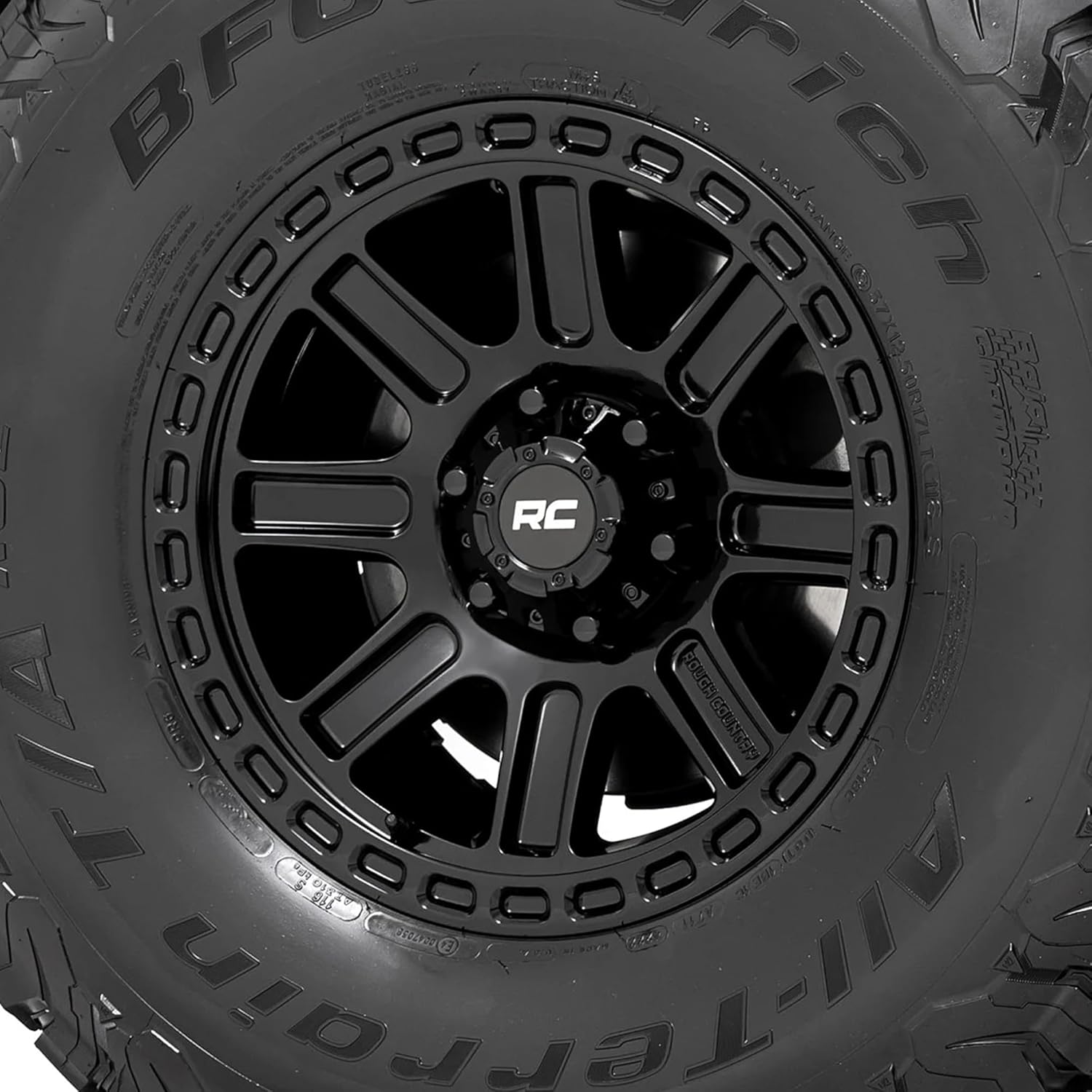 Rough Country 84 Series Wheel - 15 x 8, 5x5.5" Bolt Pattern, 19mm Offset, Gloss Black, 8-Spoke, Rugged One-Piece Aluminum Rim with Black Center Cap