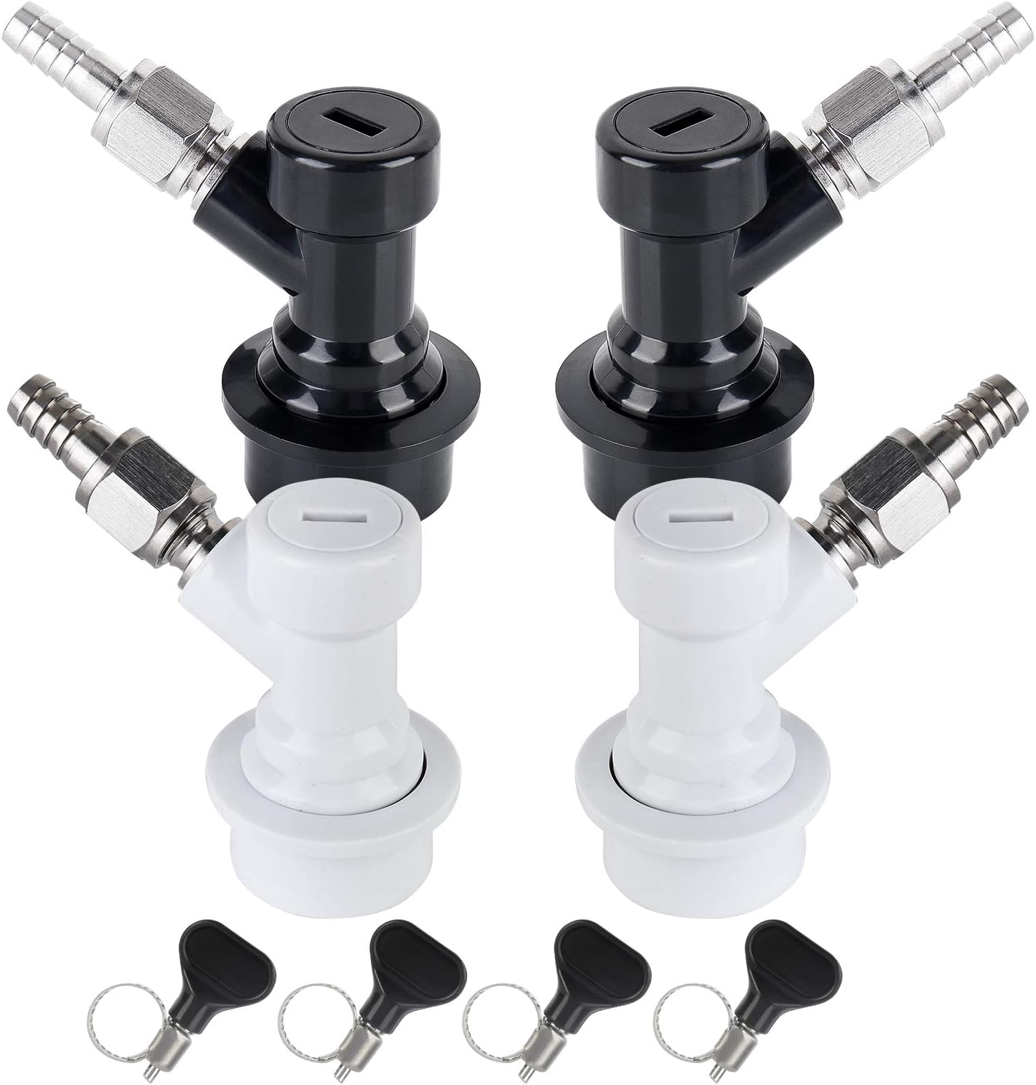 MRbrew 2 Pairs Ball Lock Disconnect Set, Home Brew Ball Lock Corny Keg Fittings for Keg Posts Coupler, with Stainless Steel 5/16'' Gas & 1/4'' Liquid Barbs & Extra 4 Hose Clamps & MFL Swivel Nuts