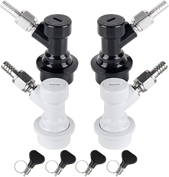 MRbrew 2 Pairs Ball Lock Disconnect Set, Home Brew Ball Lock Corny Keg Fittings for Keg Posts Coupler, with Stainless Steel 5/16'' Gas & 1/4'' Liquid Barbs & Extra 4 Hose Clamps & MFL Swivel Nuts