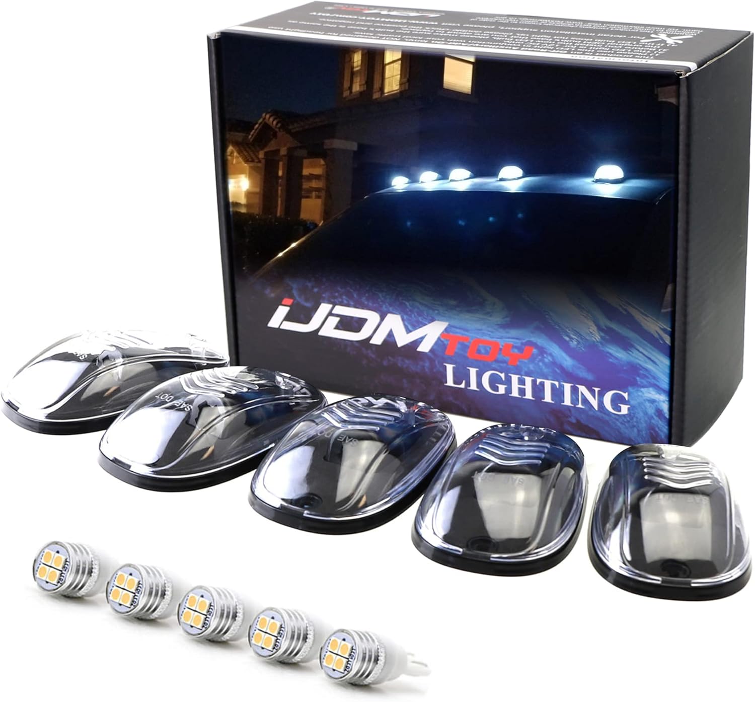 iJDMTOY Clear Lens White Full LED Cab Roof Marker Light Assembly Kit Compatible With Dodge/RAM Chevrolet/GMC Ford Toyota Trucks, 5-Piece Rooftop Driving Lamp Set