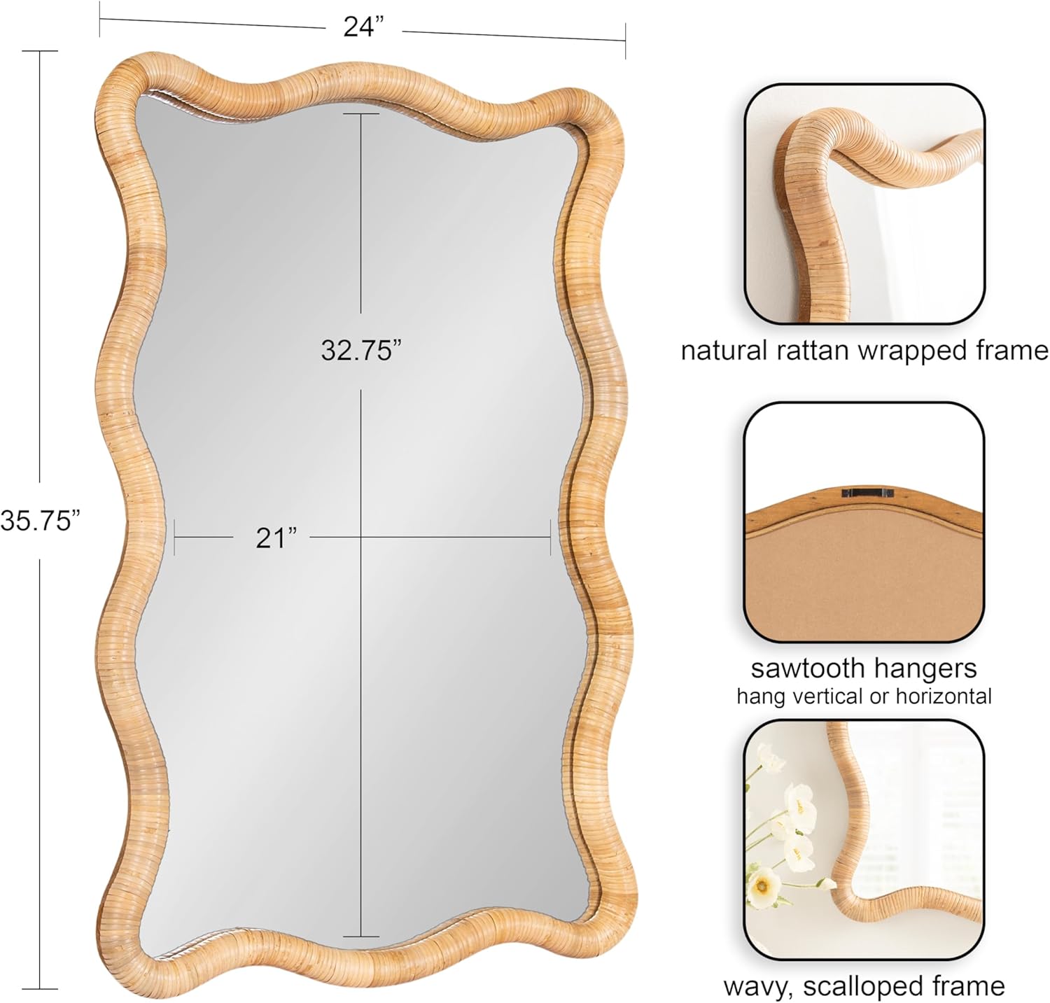 Kate and Laurel Rahfy Boho Scalloped Rectangle Rattan Wall Mirror, 24 x 36, Natural Wood, Decorative Rectangular Wavy Mirror with Authentic Rattan Frame for Bathroom Mirror Decor