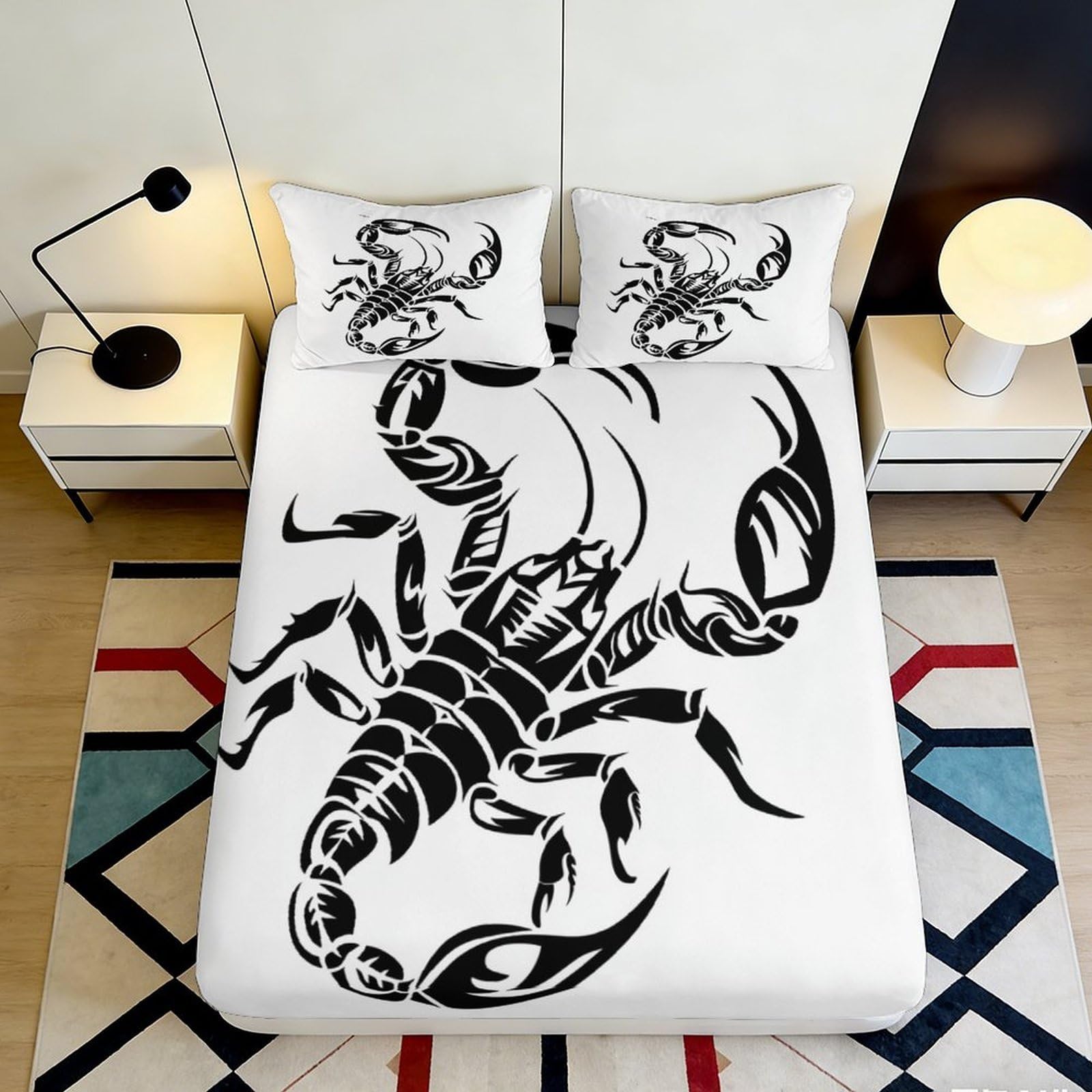 3D Printed Scorpion Fitted Sheet Microfiber Soft Breathable Black White Bed Cover with 3D Printed Scorpion Mattress Cover for Bedroom Dormitory Guest Room 140x200x25cm