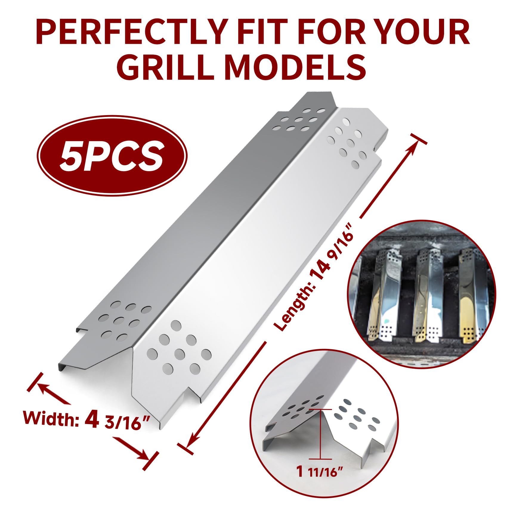 Terefour Flame Tamers Replacement for Nexgrill 720-0888N 720-0888 720-0888A Grills, 5 Pack Grill Heat Plates Shields Burner Covers for Nexgrill 720-0888N 5-Burner 720-0888 Grills