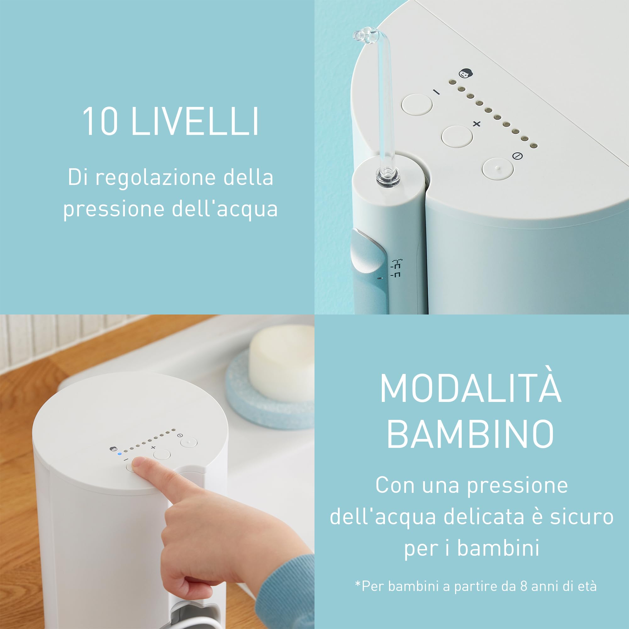Panasonic EW1614AW503 PACK Irrigatore Orale per la Famiglia, Idropulsore per Denti, Getto Ultrasonico, Modalità Bambino, 10 Impostazioni di Pressione, IPX7, Ortodontico, 5 ugelli, Bianco