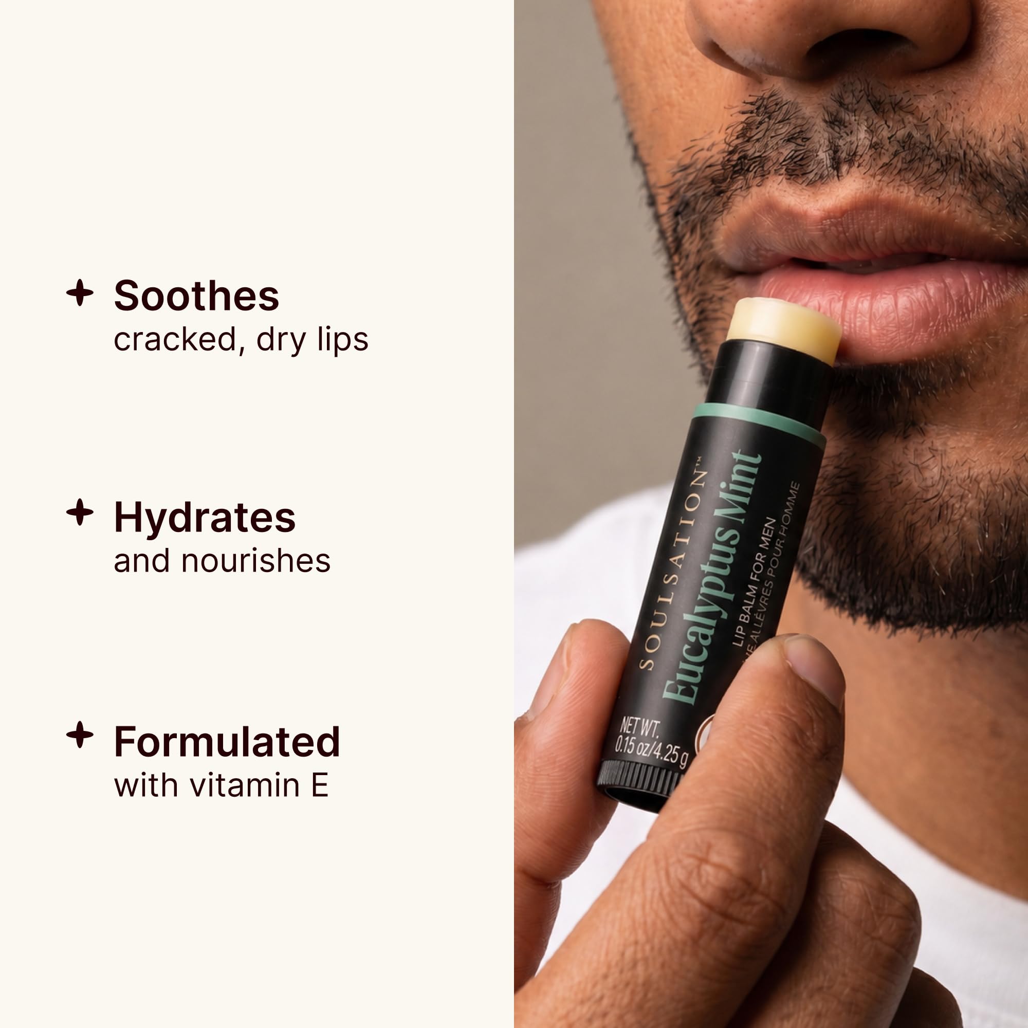 SOULSATION - Lippenbalsam für Männer: 4 Geschmacksrichtungen: Eukalyptusminze, Pfefferminze, Zitrusfrüchte und ohne Duft