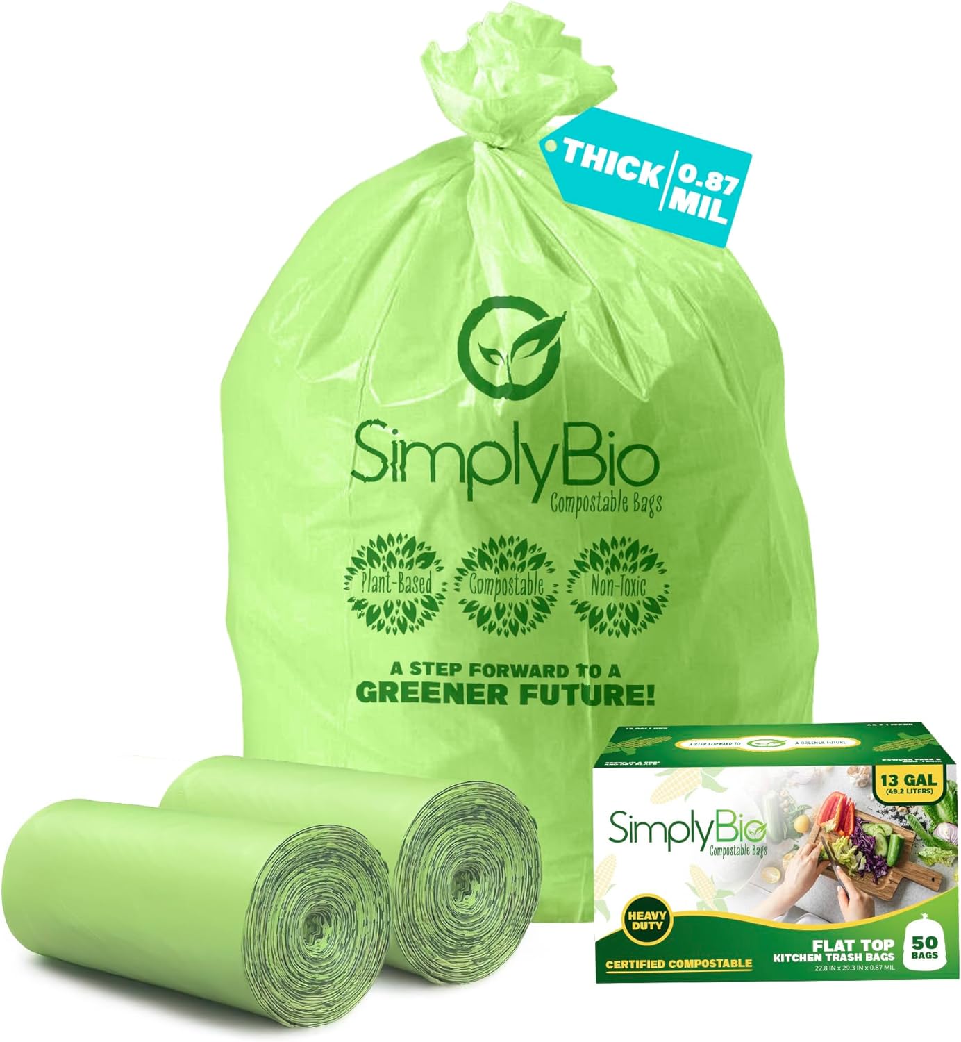 Simply Bio 13 Gallon Compostable Trash Bags Liners with Flat-Top, Thick 0.87 Mil, 49.21 Liter, 100 Bags, Tall Kitchen Food Scrap Waste Bag, ASTM D6400, US BPI and OK Compost Home Certified