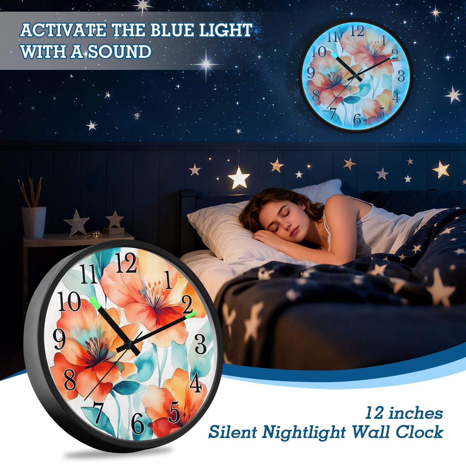 Mnsruu Reloj de pared luminoso con diseño de amapola naranja floral, reloj de pared que brilla en la oscuridad, funciona con pilas, 12 pulgadas, silencioso, sin tictac, luz nocturna para dormitorio
