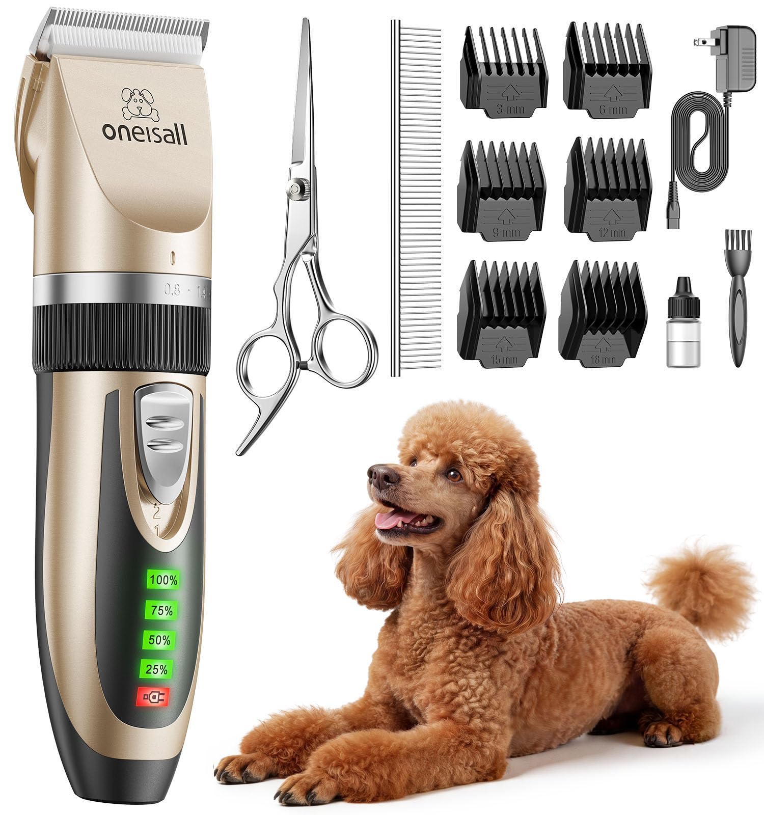 oneisall Tondeuse silencieuse pour chiens, batterie 2000mAh, autonomie 4h, pour chats et chiens à poil épais, rasoir pour poils longs (doré)