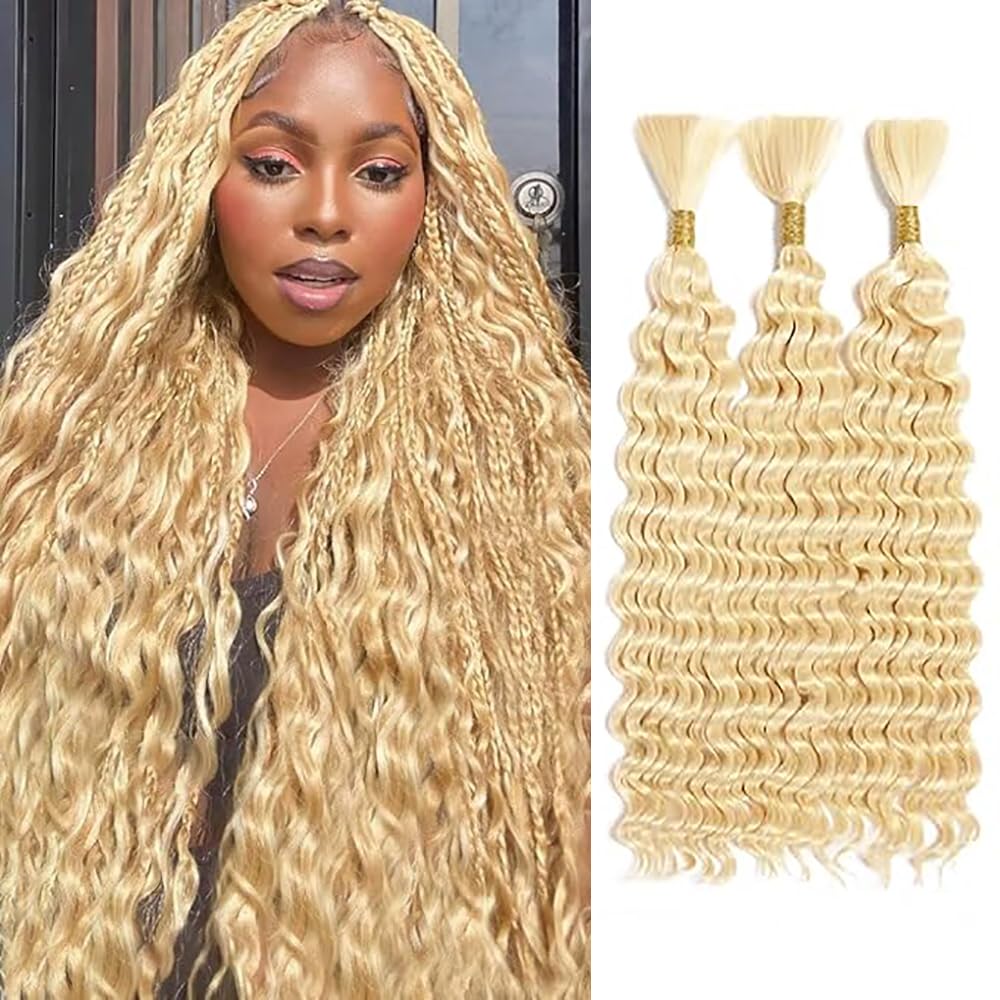 Echthaar Tressen Deep Wave Human Braiding Hair for Boho Braids #613 Blonde Color Menschliches Haar Human Hair Extensions No Weft Weave 50g/Piece 22 22 22 Zoll
