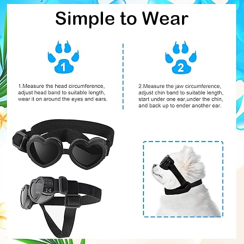 Miniatura 7 de Gafas de sol para perros de raza pequeña, protección UV con correa ajustable, gafas en forma de corazón para impermeables, resistentes al viento,