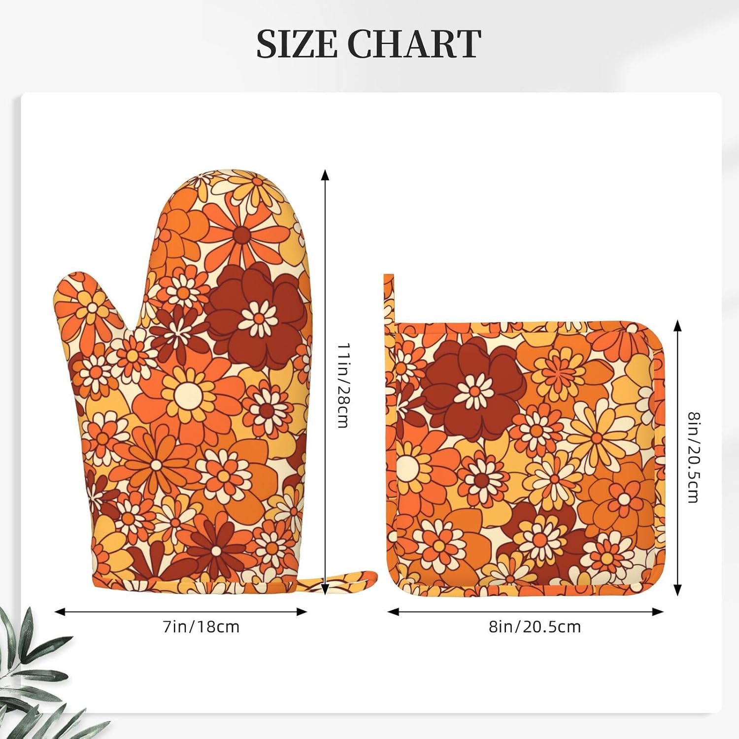 Brown Floral Flower Autumn Oven Mitts and Pot Holders Sets, 4pcs Silicone Non-Slip Kitchen Mitts Potholders Heat Resistant BBQ Gloves Hot Pads for Cooking Grilling Baking Microwave Chef Gifts Decor
