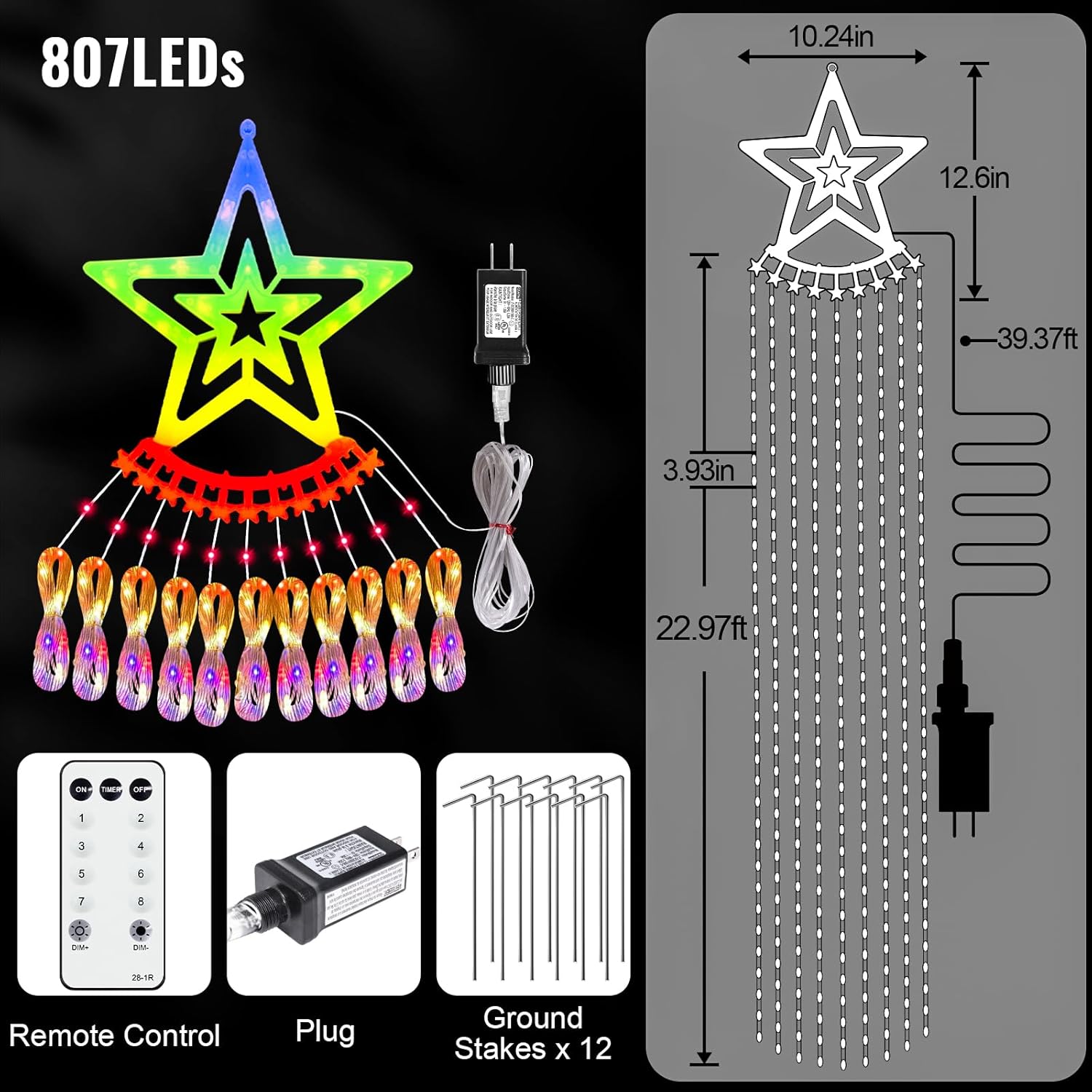 Christmas Decorations Waterfall Lights Outdoor, 23 FT 807 LED Christmas Star String Light wth 8 Modes Plug in, Remote Control Hanging Tree Lights for Holiday Xmas Tree Patio Yard Decor, Multicolor