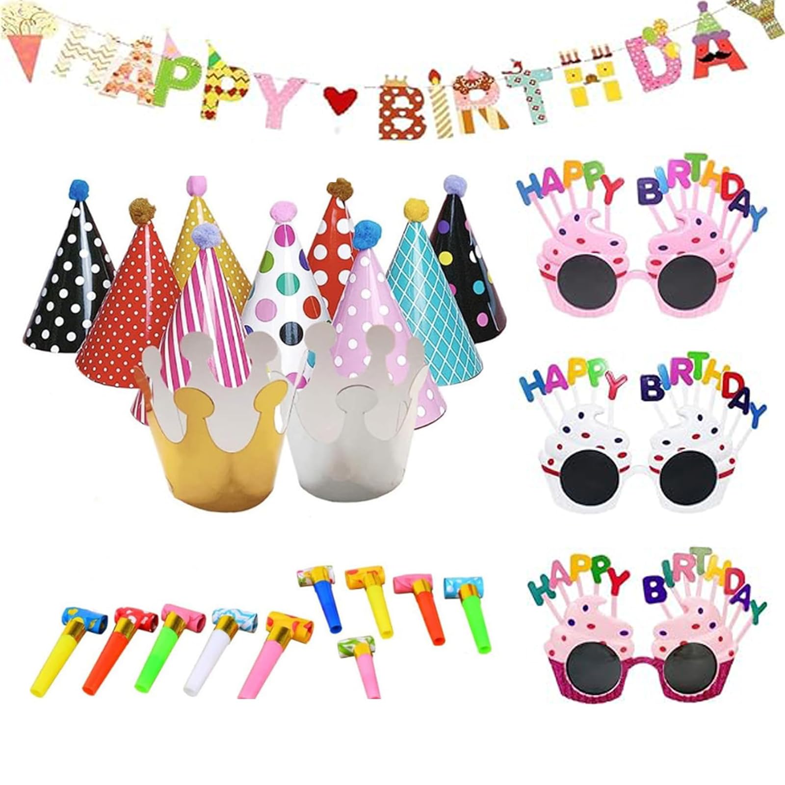 KFSCIP 25Pcs Party Hats, Birthday Party Hats, Party Decorations for Adults, Crown Party Hat Glasses Party Blowers for Boys Girls Kids Adults Party Decoration