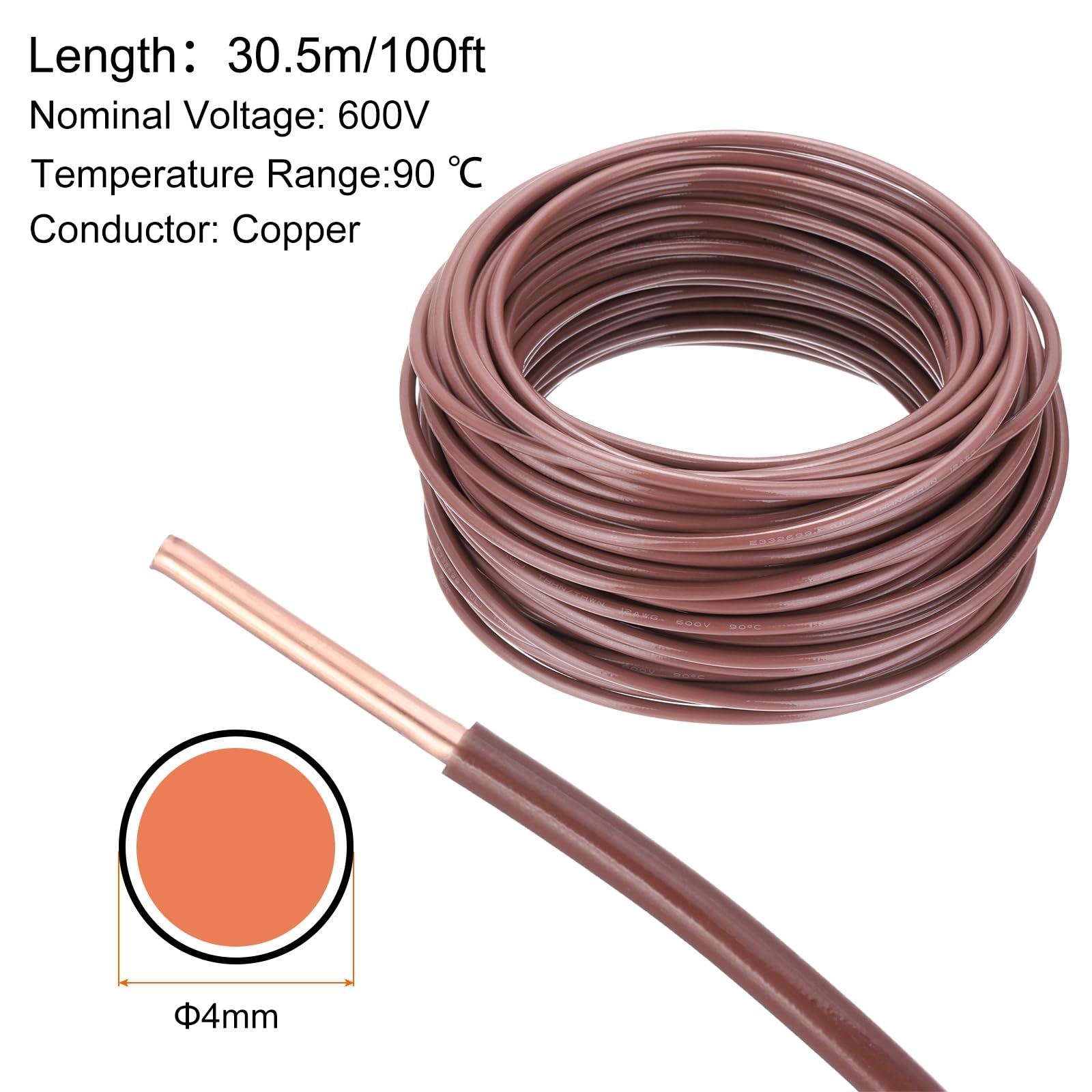 sourcing map Cable eléctrico de cobre sólido aislado de 100 pies, cable de conexión THHN residencial, industrial, conexión a tierra, clasificación eléctrica para 600 voltios, listado UL, marrón