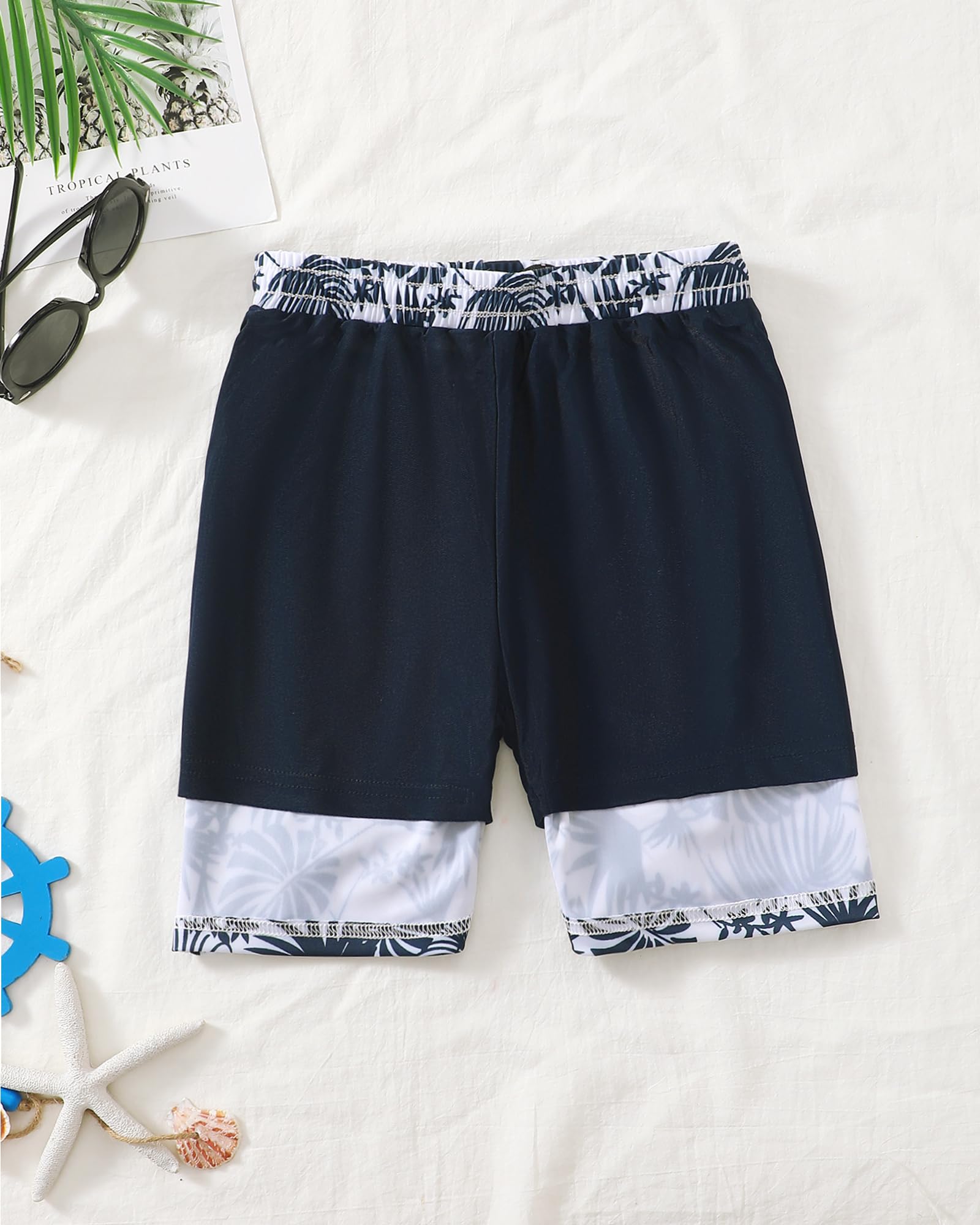 Sewetier Boys Swim Trunks with Boxer Brief Liner Toddler Boy Swimming Shorts Size 14-16Y(Palm Leaf)