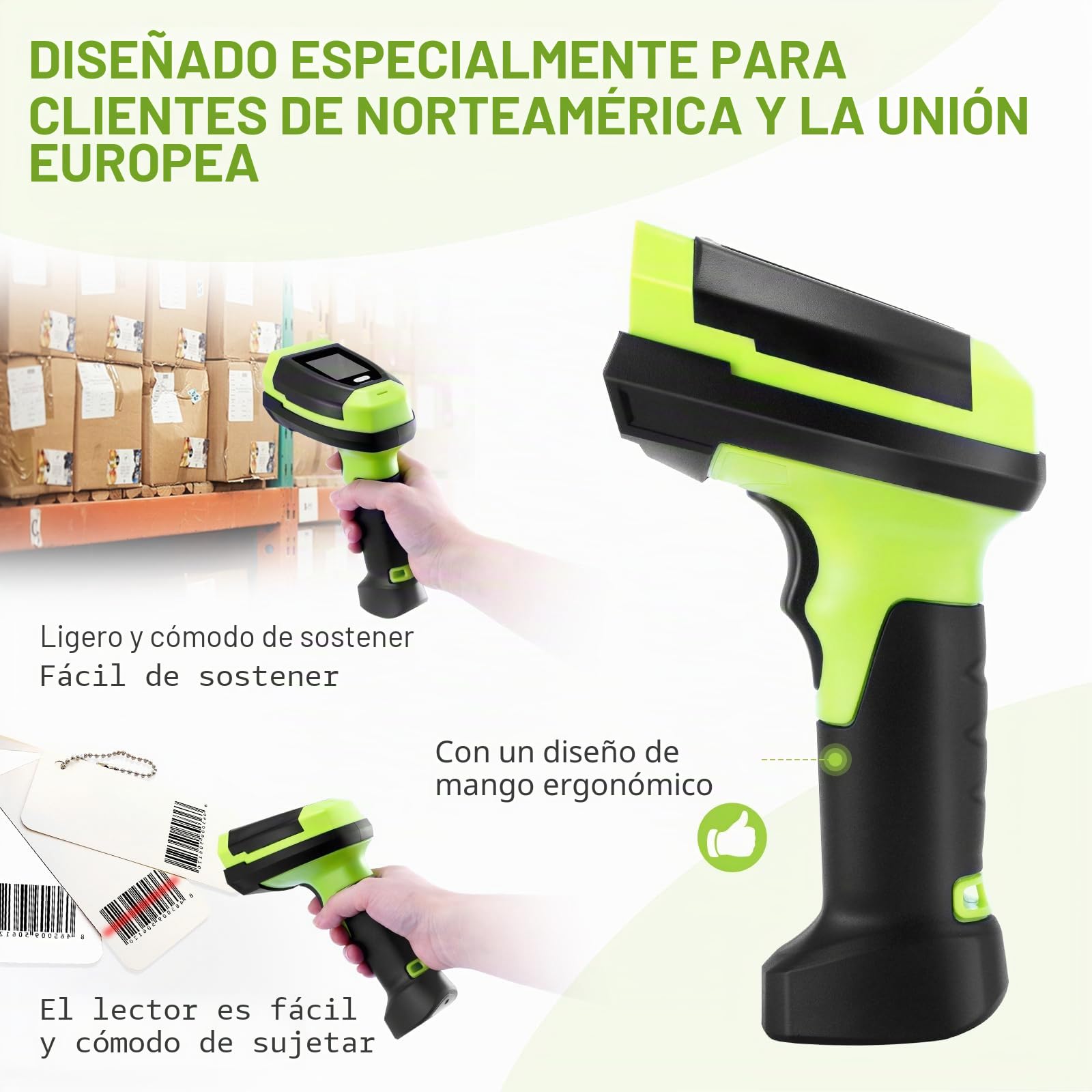 Escáner de códigos de barras inalámbrico, 1D CCD automático con pantalla de visualización, lector de códigos de barras portátil recargable con receptor de 2,4 G, conector y juego con cable USB
