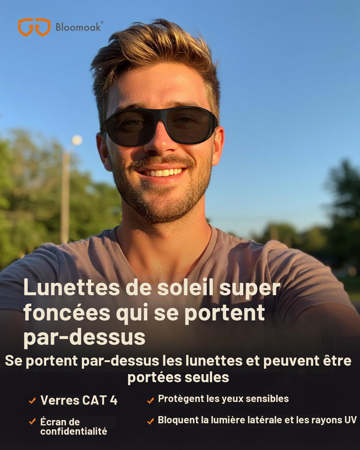 Bloomoak Lunettes de soleil polarisées à verres super foncés XL enveloppantes pour yeux sensibles à la migraine | Extra Large 150 mm