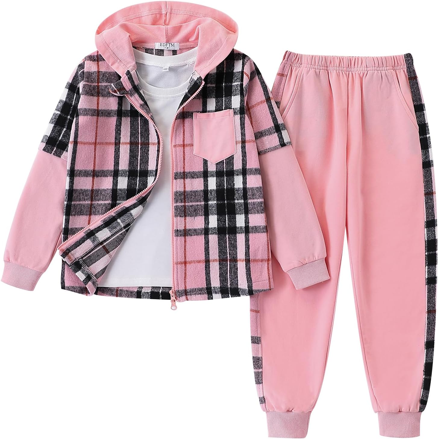 2Pcs Girls Clothes Zip Up Plaid Flannel Hoodie Shirts and Jogger Sweatpants for Kids Fall Winter Spring Outfits