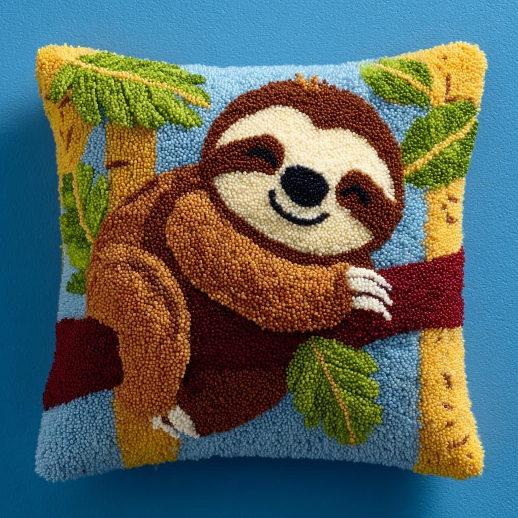 WallustrioaW Latch Hook Kits Pillow for Adults,Sloth,Pre-Printed Patterns Pillowcase Needlework Crochet Yarns Latch Hooking Cushion for Sofa Decor,17x17in