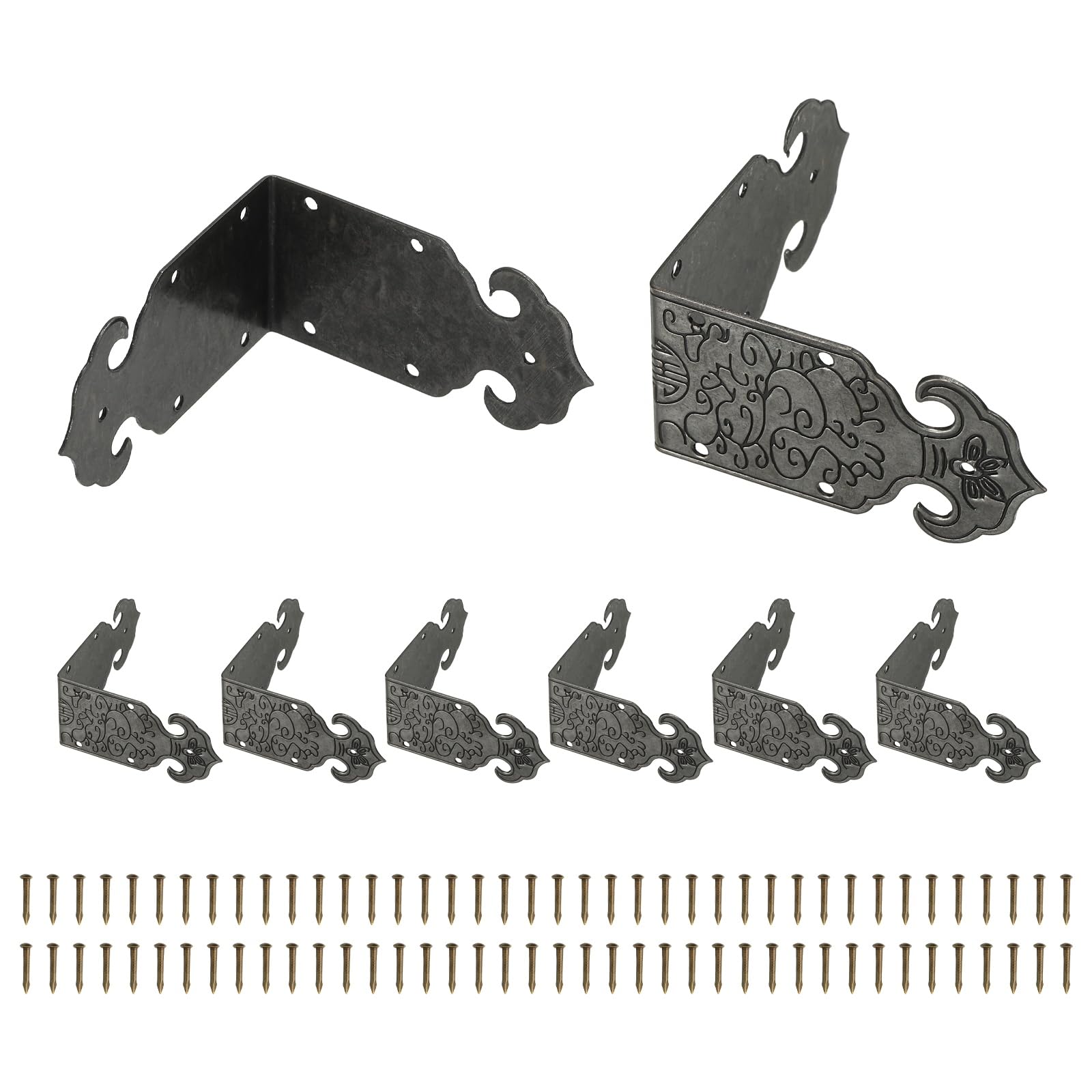 sourcing map 8 Pcs L Shaped Vintage Corner Protectors, 50 x 25 mm Decorative Guards, Protector Corner Braces with 80Pcs Nails for Cabinets Furniture Wooden Boxes, Black