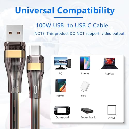 Miniatura 6 de GELRHONR Cable USB a USB C de 100 W, silicona suave transparente tipo C de 5 A, carga súper rápida, SR reforzado y cable plano compatible con
