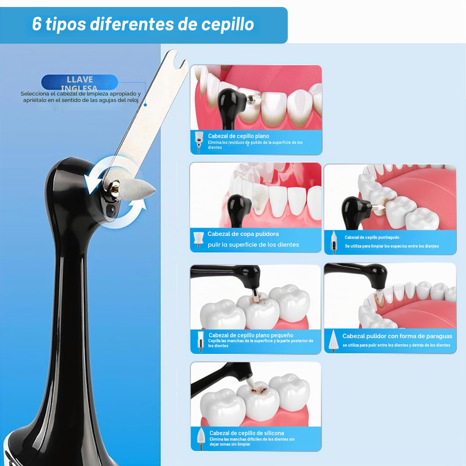 Pulidora de dientes eléctrica para eliminar manchas de placa con 6 cabezales - Quitamanchas dentales para blanquear los dientes amarillos