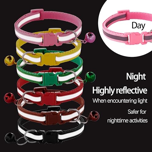 Miniatura 3 de Jecikelon 6 collares reflectantes ajustables para cachorros, collar para perros pequeños, collar de poliéster para gatos con campana, collar básico