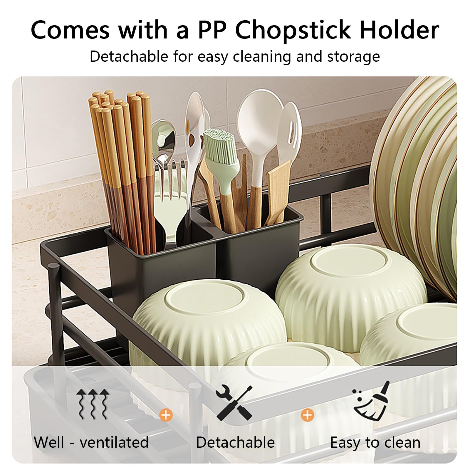 Geschirrkorb aus Eisen mit Abtropffläche und Besteckhalter, extra groß, platzsparendes Design für Küchenspülen, rostfrei und robust (Schwarz, Groß)