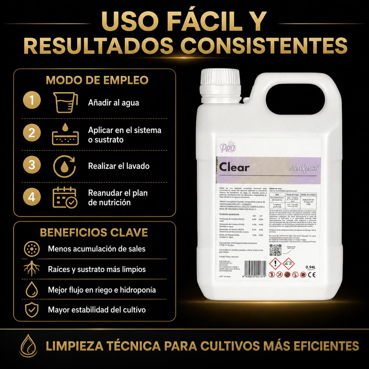 CLEAR 18,92 L – Limpiador de Sales y Sustrato Flush Raíces Limpieza Sistemas Hidropónicos Fertilizante Mantenimiento Cultivo Interior y Exterior - Anarkia81