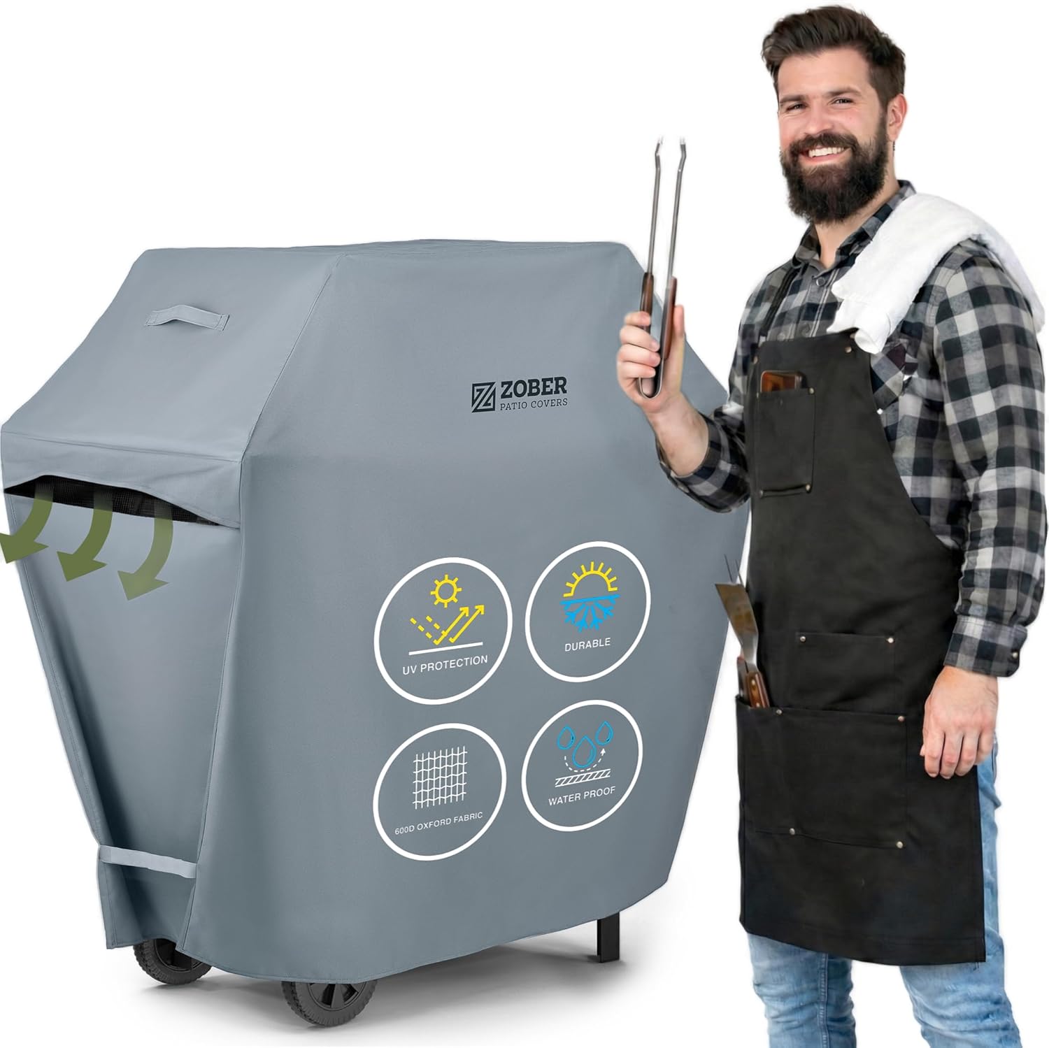 ZOBER Heavy Duty BBQ Grill Cover - 58 Inch Waterproof Double Layered Fits Weber Gas Grill Cover Charbroil Grill & Smoker - Gas Grill Covers w/Air Vents, Dual Handles - 600D Oxford Fabric, Gray