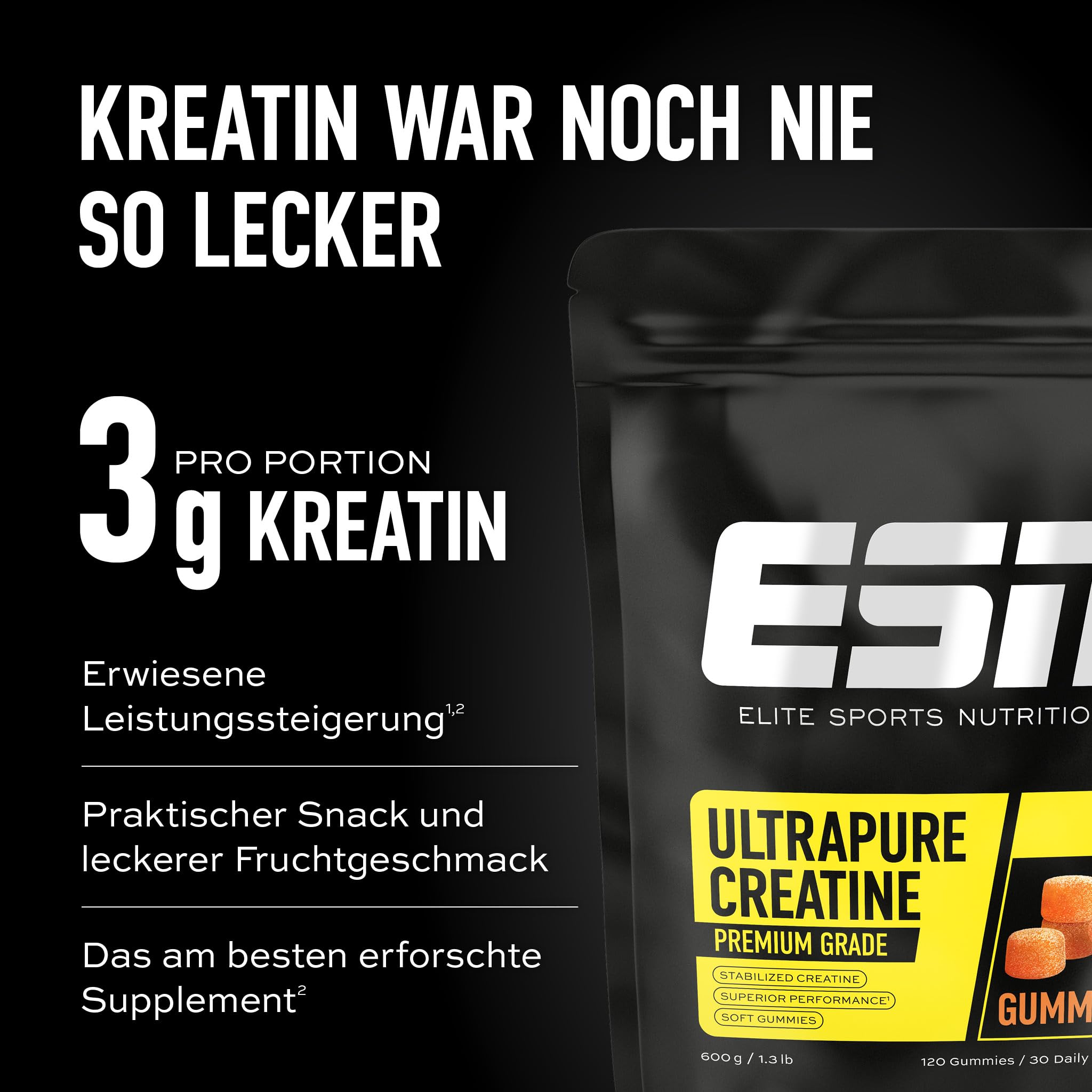 ESN Ultrapure Creatine Gummies, 120 Gummies, 30 Portionen, Peach, mit 3,4 g Kreatin Monohydrat pro Tagesportion