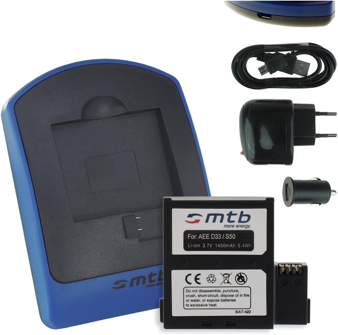 Battery + Charger (USB/Car/Mains) for PNJ AEE MagiCam S51, S70 Extreme/Light, S71 (WiFi), S80, S90 / Veho Muvi K2