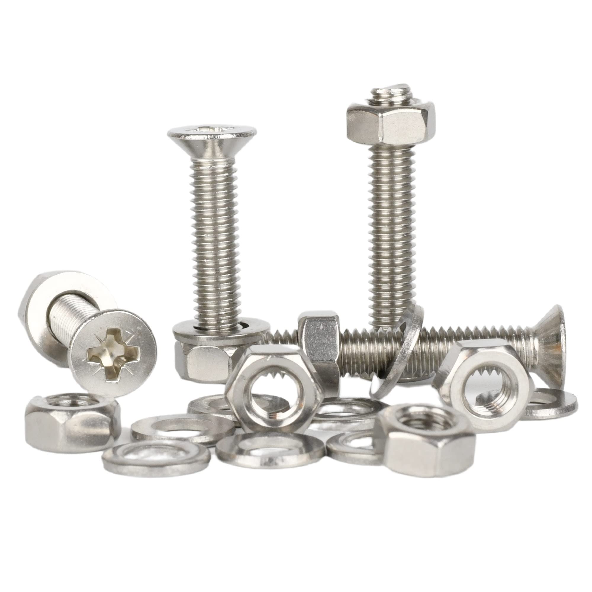 Bolt Base M6x100 A2 Stainless Steel Pozi Countersunk Machine Screws + Full Nuts & Washers (5 Each)