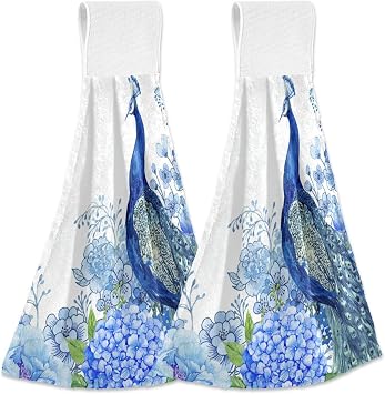 linqin Big Bird and Peacock Blue Flowers Hanging Towels, 2 pcs Soft Absorbent Coral Velvet Hand Towels with Hanging Loop for Kitchen, Bathroom, Laundry Room, Home Decor