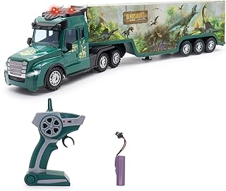fisca Remote Control Truck Toy, Children's Remote Control Toy Transport Truck with Lights and Sounds, Large Dinosaur Prints, Suitable for 3 4 5 6 Years Old Boys and Girls Gifts