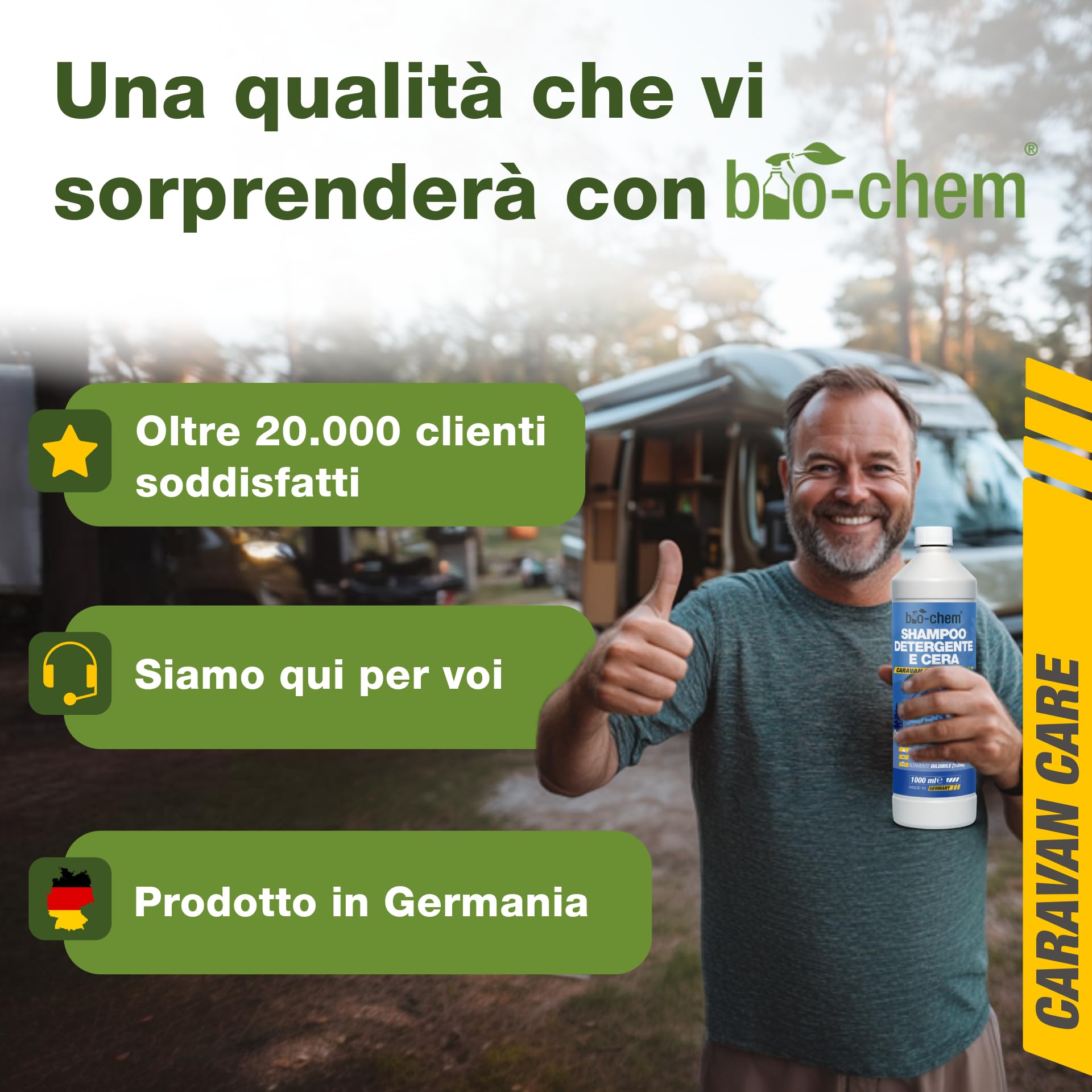 Bio-Chem - Profi Set per la pulizia e l'inceratura dei caravan - Shampoo per il lavaggio e la cura, cera per la carrozzeria, prodotto per eliminare le macchie di pioggia - Accessori inclusi