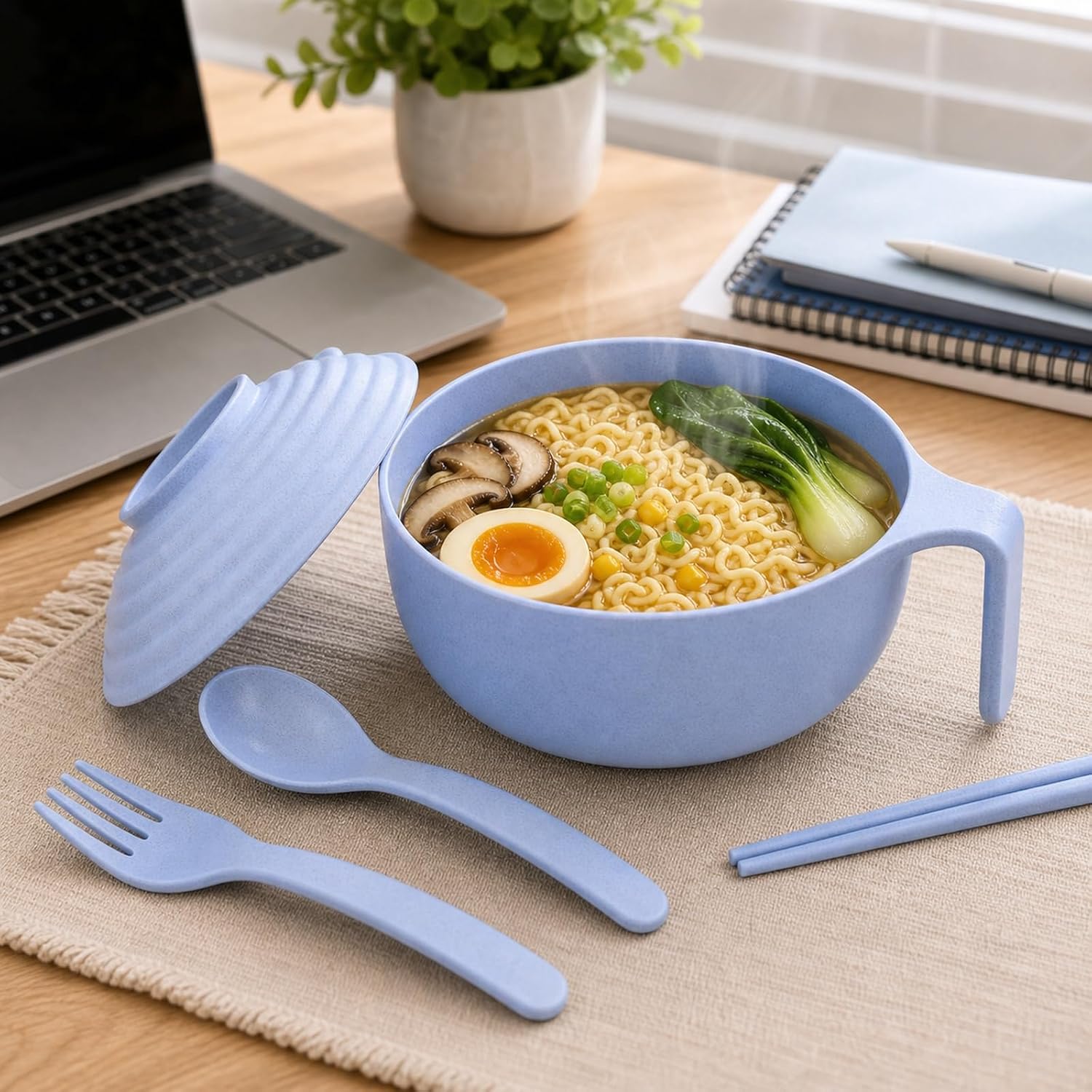 Microwave Ramen Bowl with Utensil Box - 1 Set Noodle Cooker with Handle Dishwasher Safe Wheat Straw Instant Ramen Cooker Set for College Dorm Room (Blue)