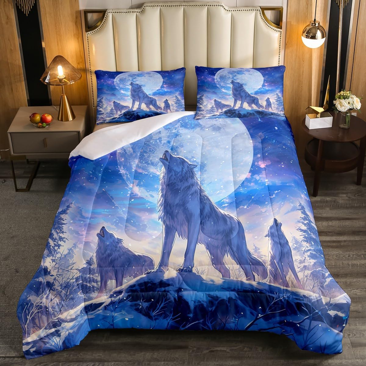 Erosebridal Howling Wolf Comforter Set Moon Wolves Woodland Animal Bedding Comforters & Sets, Queen Size 3D Wolf Smoky Mountain Design Bedding Warm Soft Microfiber Duvet Insert for All Season