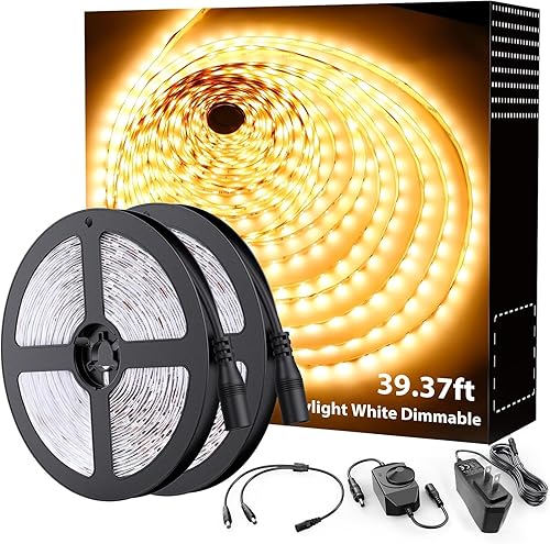 Onforu Tira de iluminación LED blanca cálida, 39.37 pies, 3000 K, luz LED regulable, 39.4 ft brillante 720 LED 2835, cinta flexible de luz de
