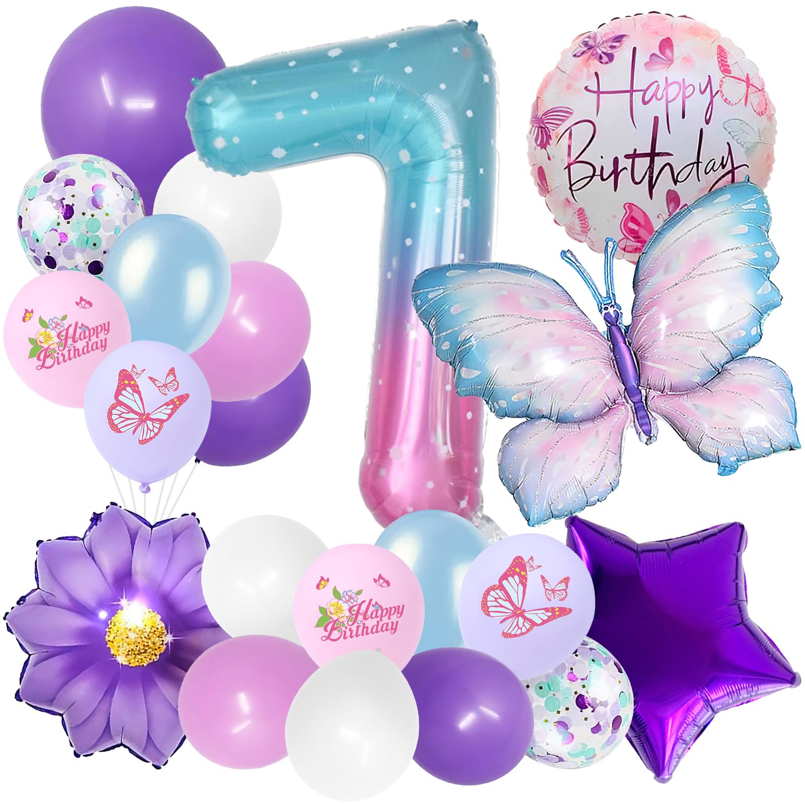 Schmetterlings-Deko Für Den 7. Geburtstag – Ballon-Set Mit Schmetterlingen, Blumen & Zahl 7