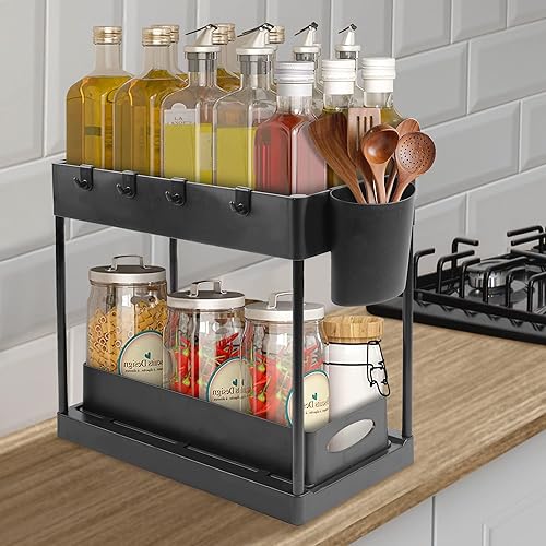 Klutter Kutters Organización debajo del fregadero organizador de gabinete de 2 niveles con bandeja deslizante, estantes de baño ideales para