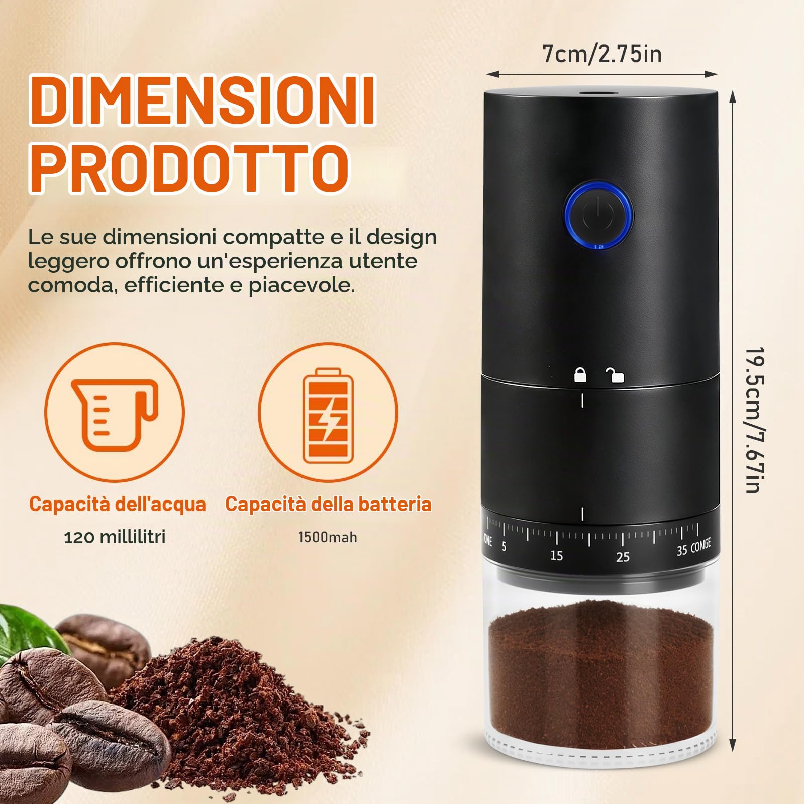 Macinacaffè Elettrico, Coffee Grinder Portatile con 38 Impostazioni Regolabili, USB Ricaricabile, Macina Caffè Granulometria Regolabile per semi e spezie, per Casa Ufficio Viaggi e Campeggio