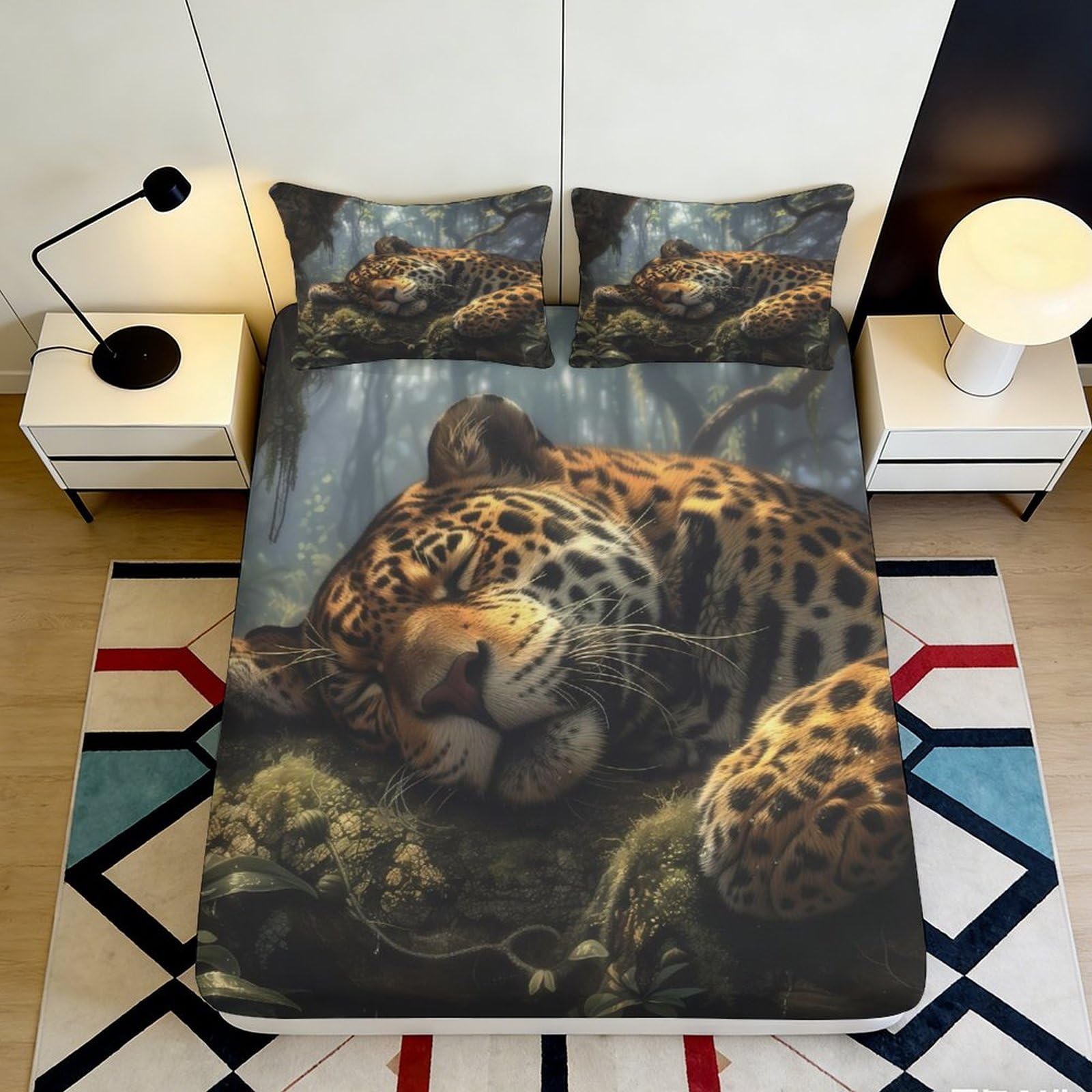 3D Printed Jungle Leopard Fitted Sheet Microfiber Soft Non-Slip Mattress Cover Animal Bed Decor for Bedroom Dorm 200x200x25cm