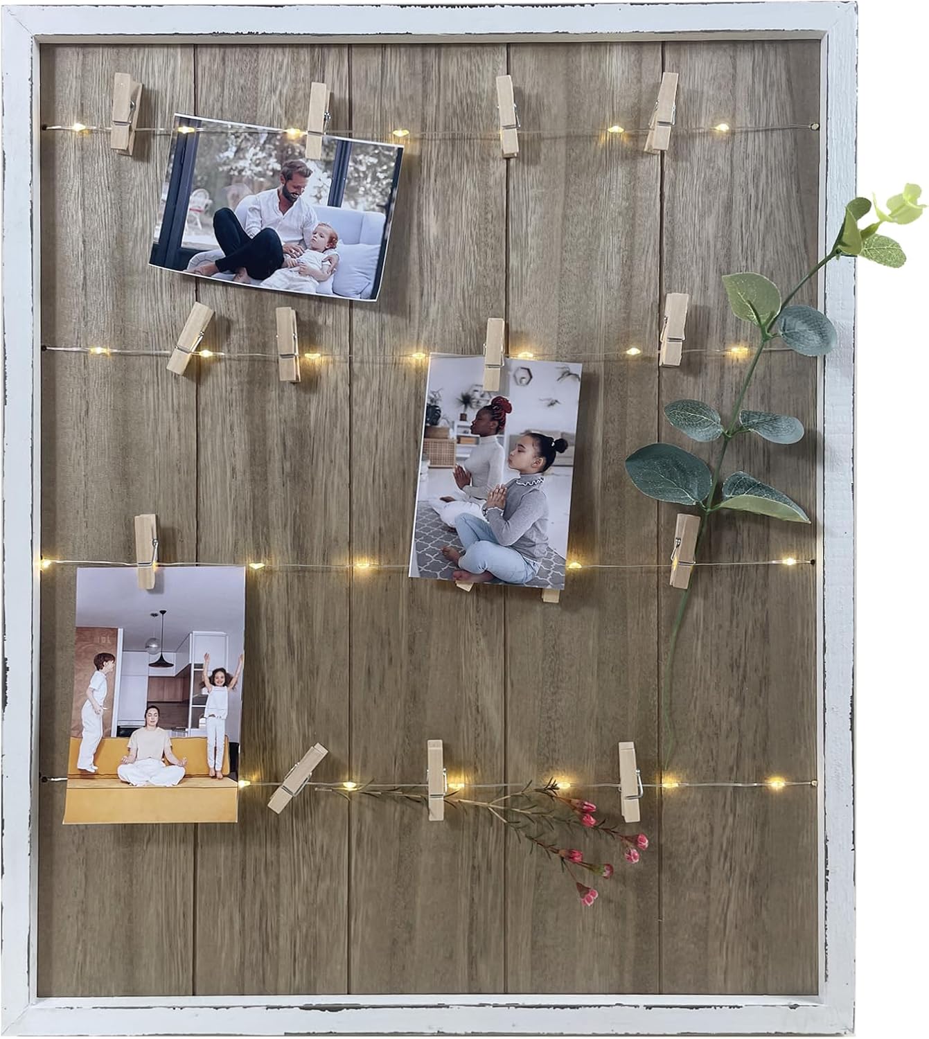 Size 15.75 x 19.25 Color White Clip Picture Frame with LED Fairy Lights, Solid Wood Frame with Wooden Clothespins to Hang Photos, Cute Accents, and Mementos, Vintage Home Decor, 15.75” x 19.25”(White)